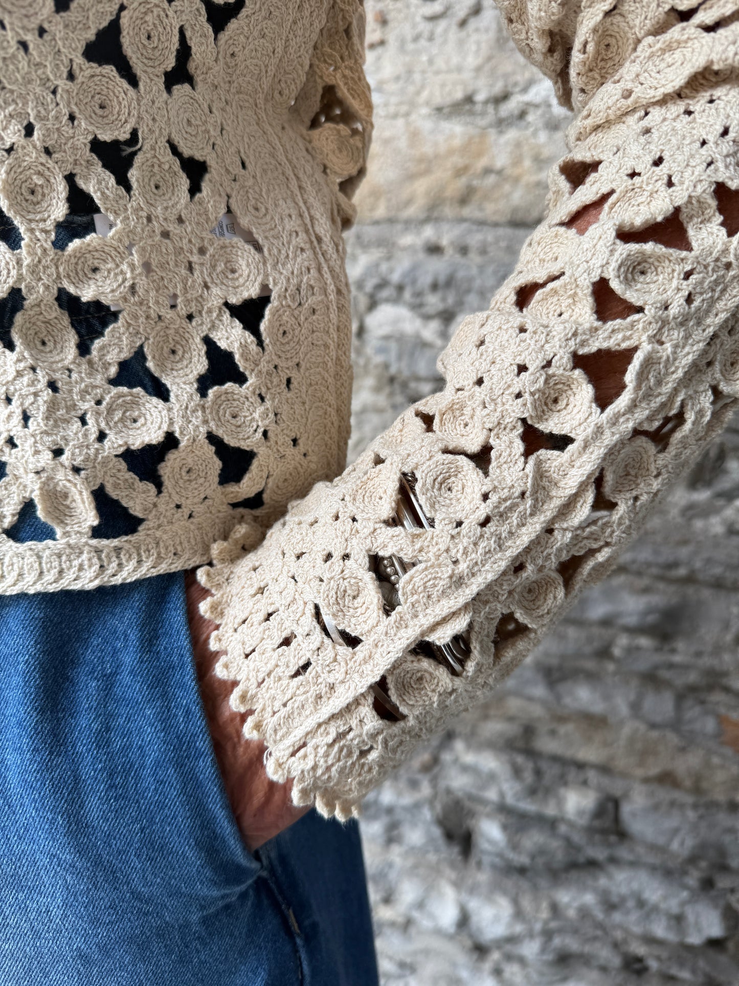 Crochet Deep V cardigan with long sleeves- OATMEAL