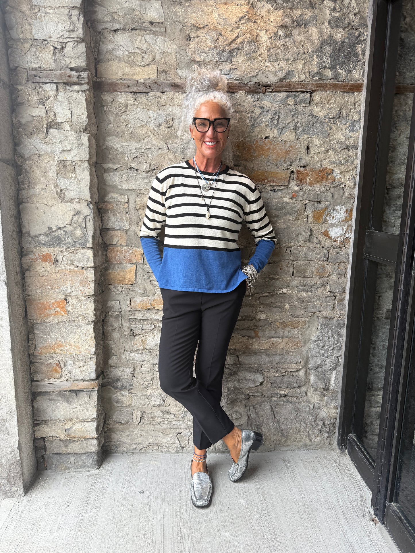 Black and Cream Striped Knit Sweater with Cobalt Blue