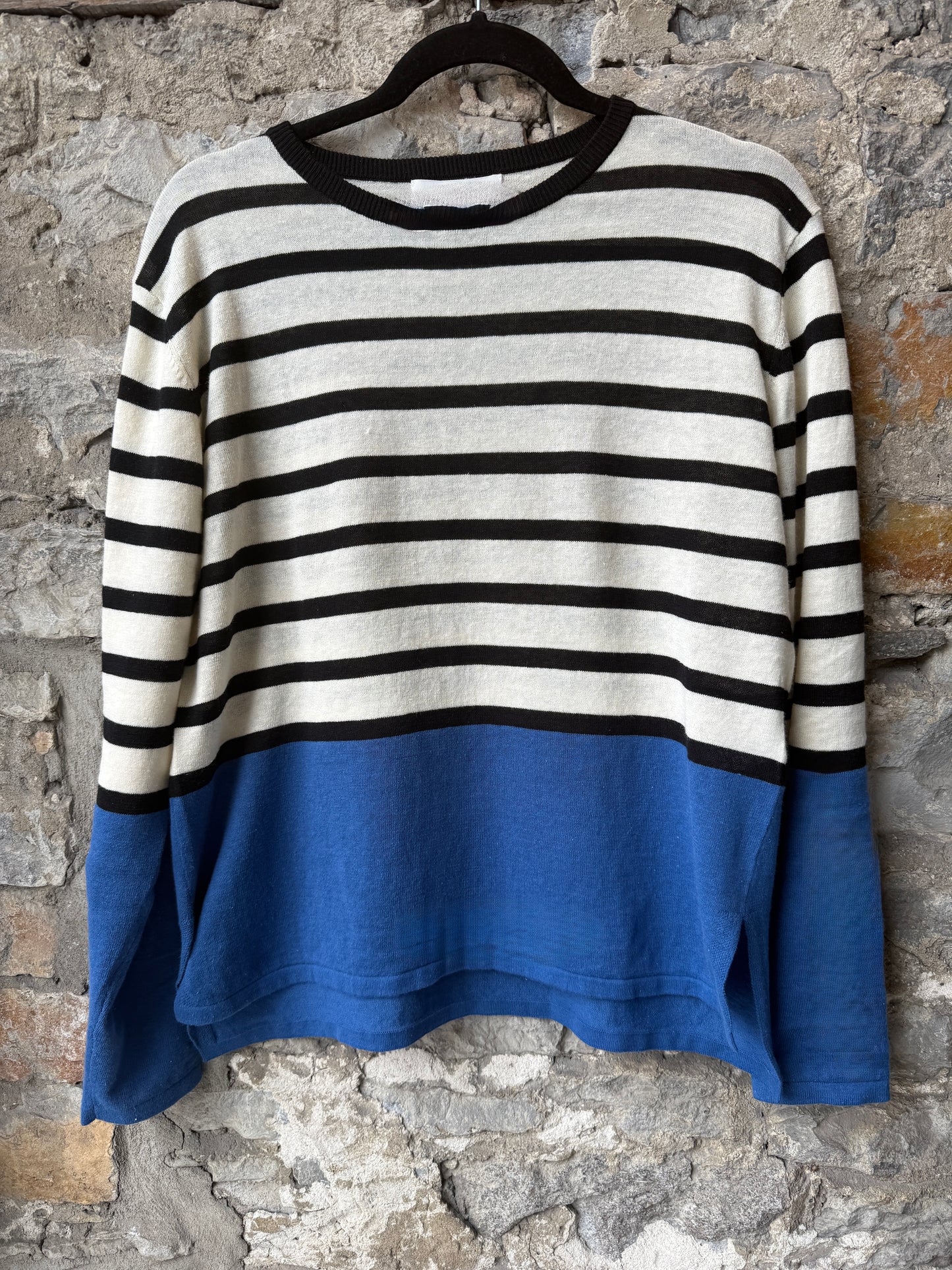 Black and Cream Striped Knit Sweater with Cobalt Blue