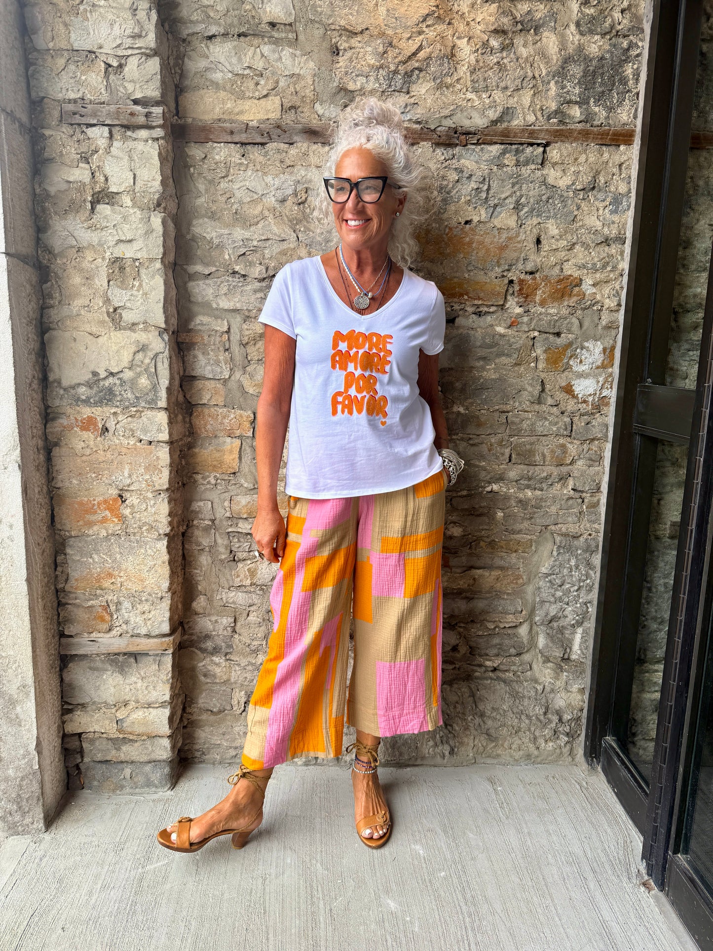 White Short Sleeve T shirt - More Love Please - Orange and Hot Pink