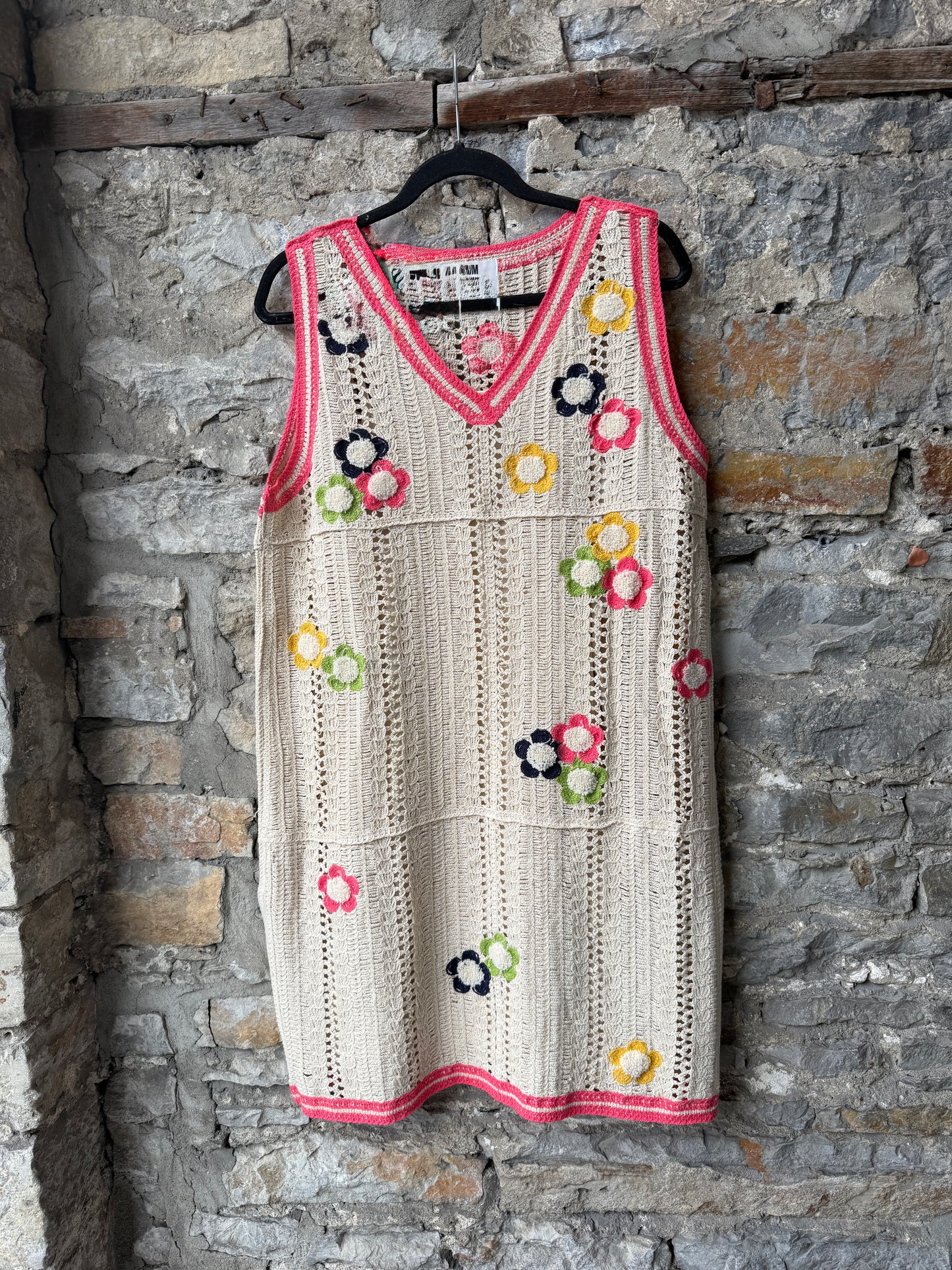 100% Cotton Crochet V neck Tank Dress with Colourful Detail and removable slip