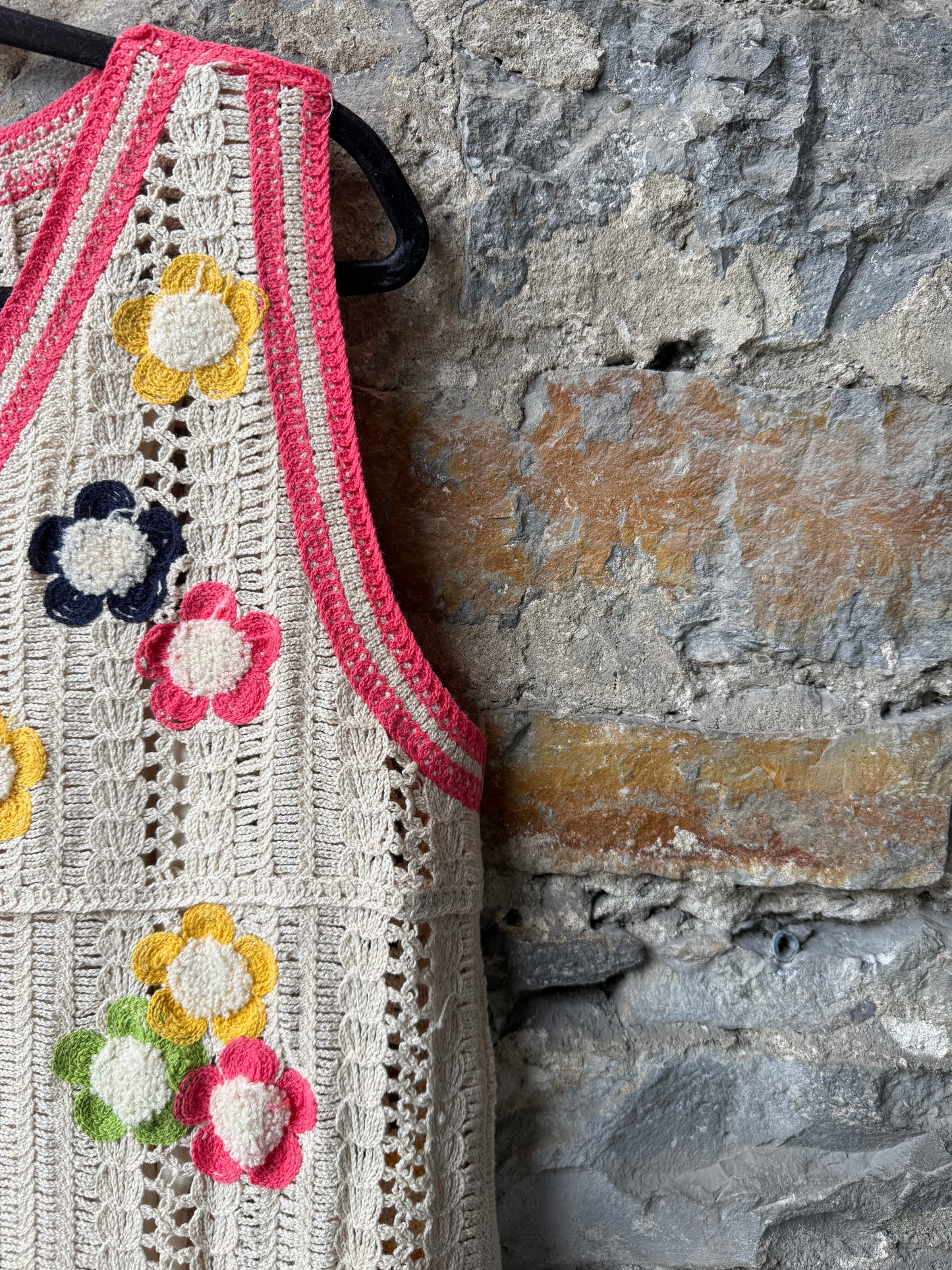 100% Cotton Crochet V neck Tank Dress with Colourful Detail and removable slip