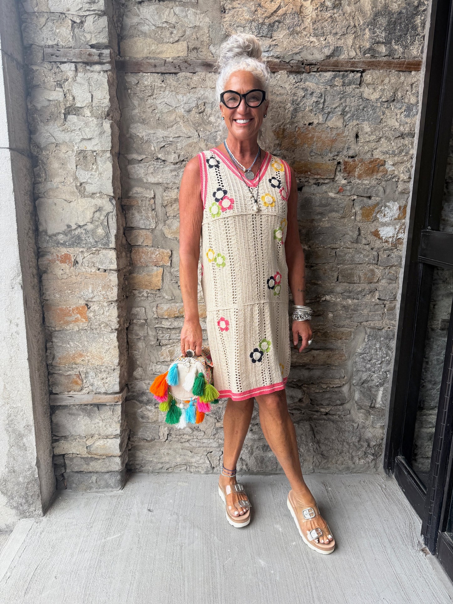 100% Cotton Crochet V neck Tank Dress with Colourful Detail and removable slip