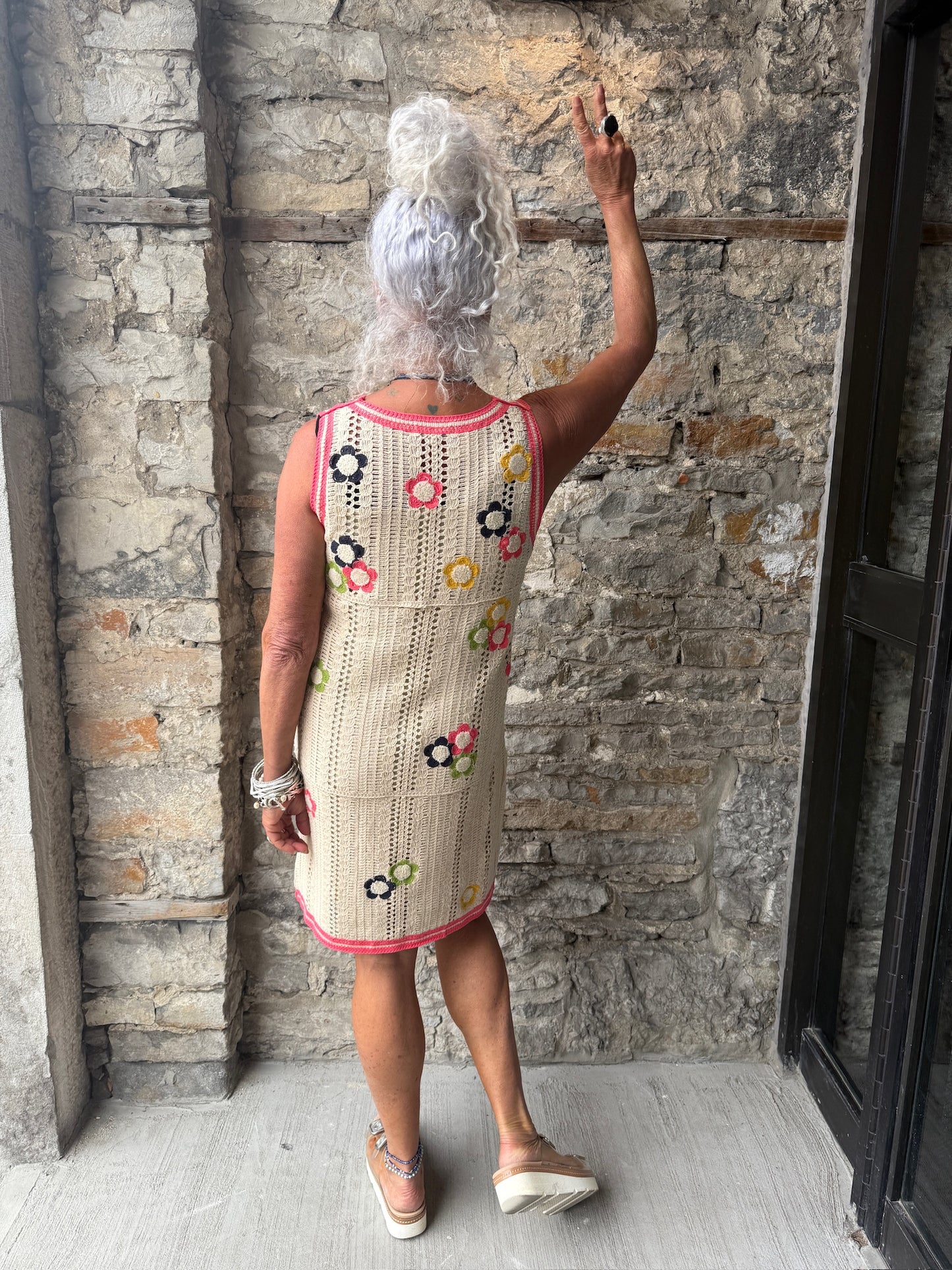 100% Cotton Crochet V neck Tank Dress with Colourful Detail and removable slip
