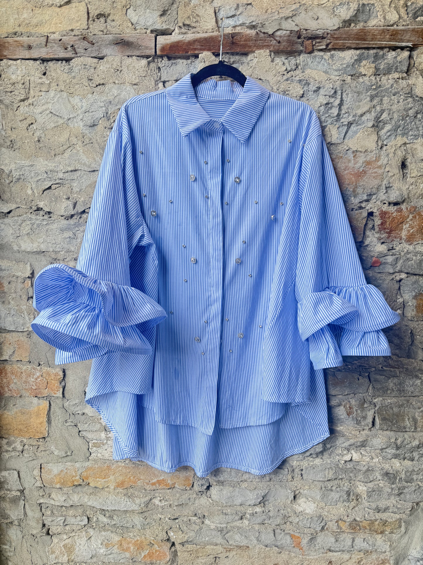 Blue and White Pinstripe Oversized Ruffle Sleeve Shirt with Rhinestones