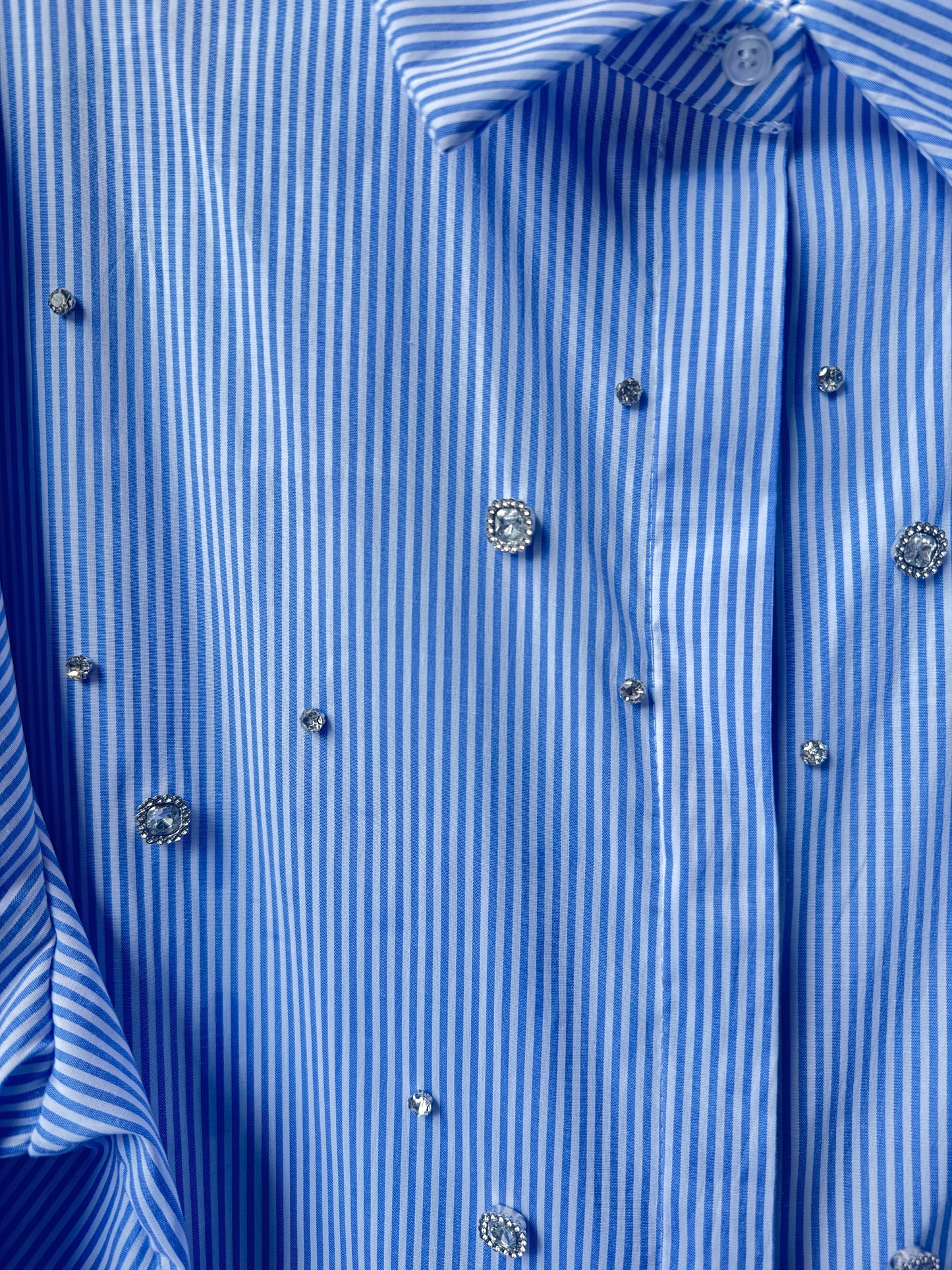 Blue and White Pinstripe Oversized Ruffle Sleeve Shirt with Rhinestones