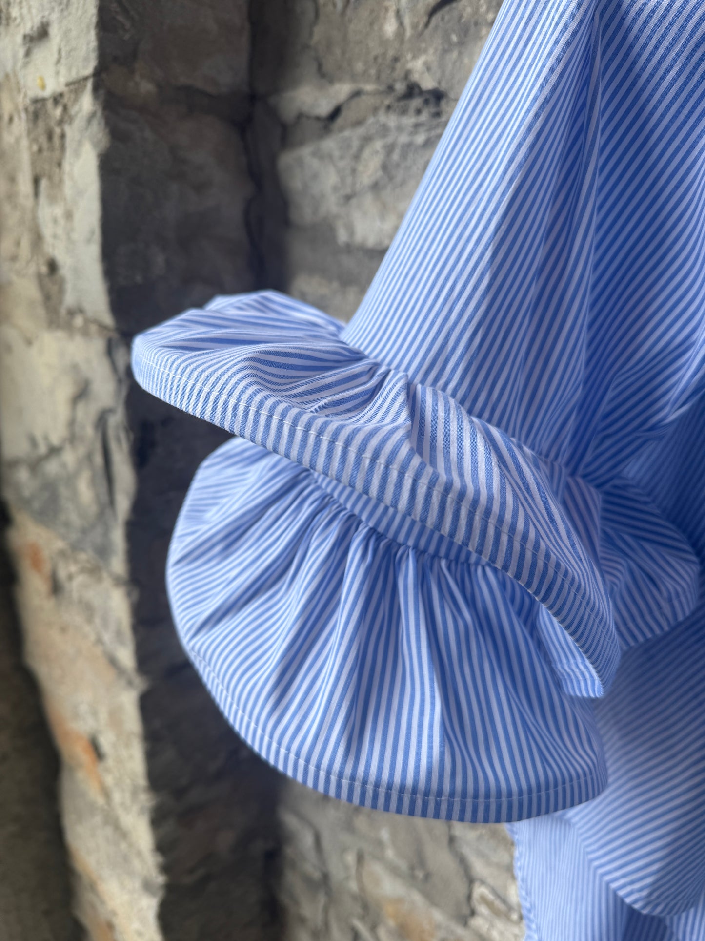 Blue and White Pinstripe Oversized Ruffle Sleeve Shirt with Rhinestones