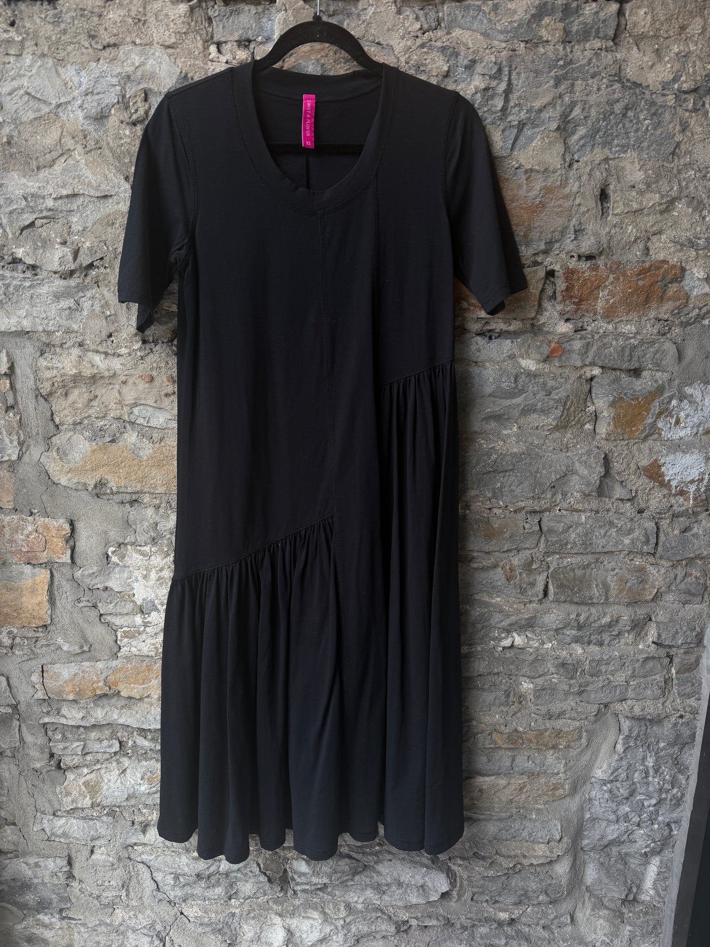 100% Cotton Round Neck T shirt Dress with Asymmetrical Flounce - BLACK