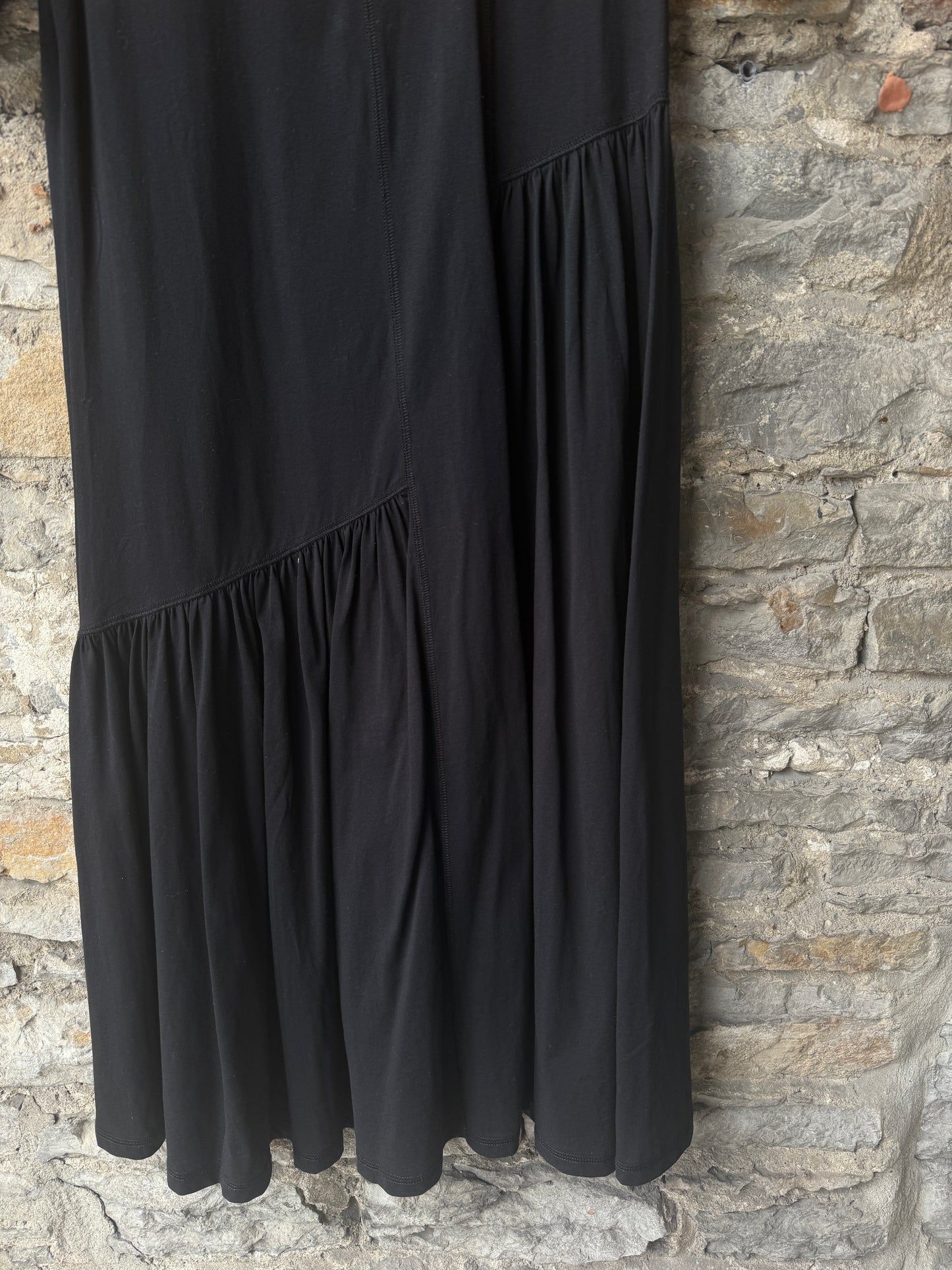 100% Cotton Round Neck T shirt Dress with Asymmetrical Flounce - BLACK