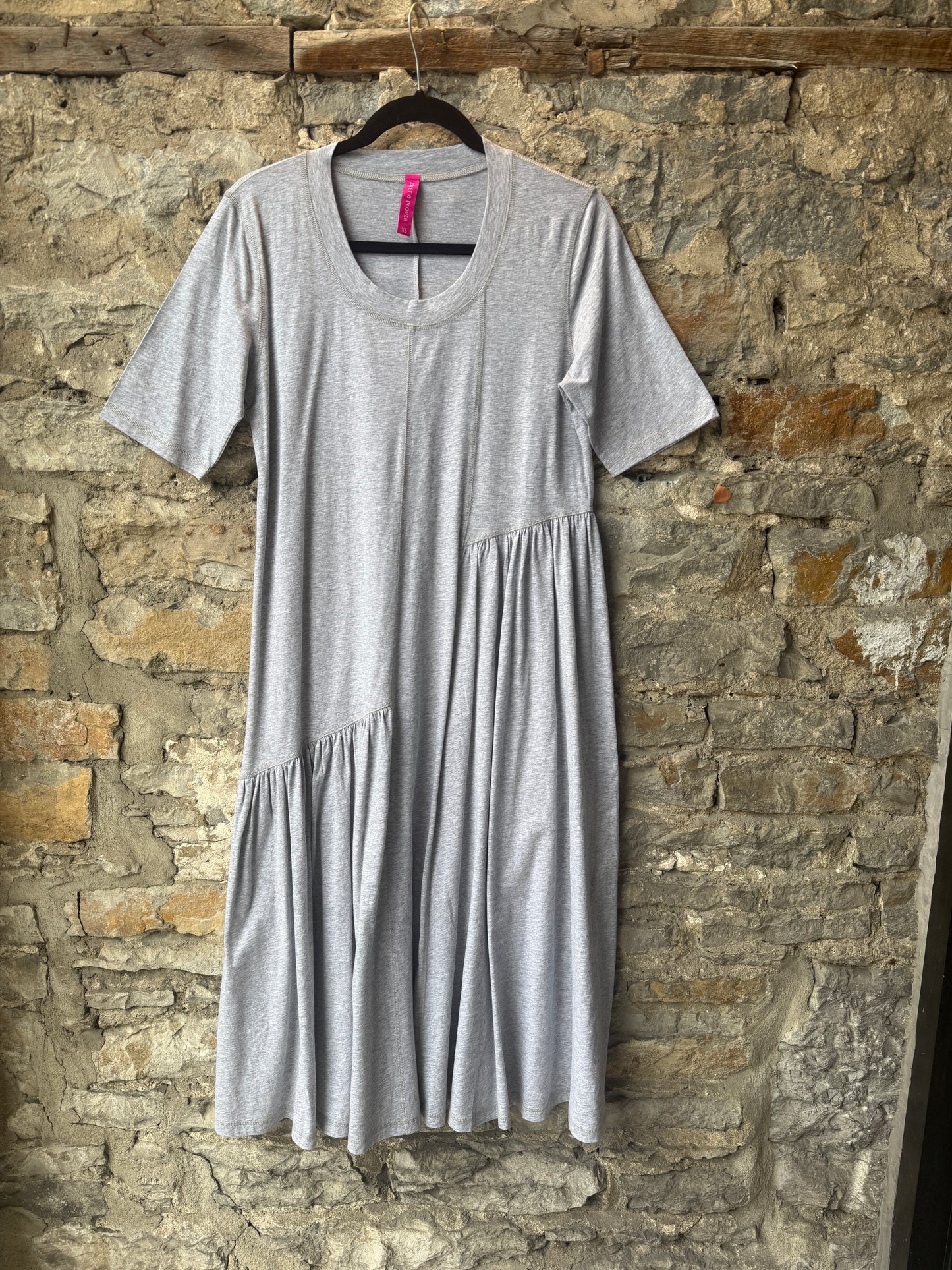100% Cotton Round Neck T shirt Dress with Asymmetrical Flounce GREY