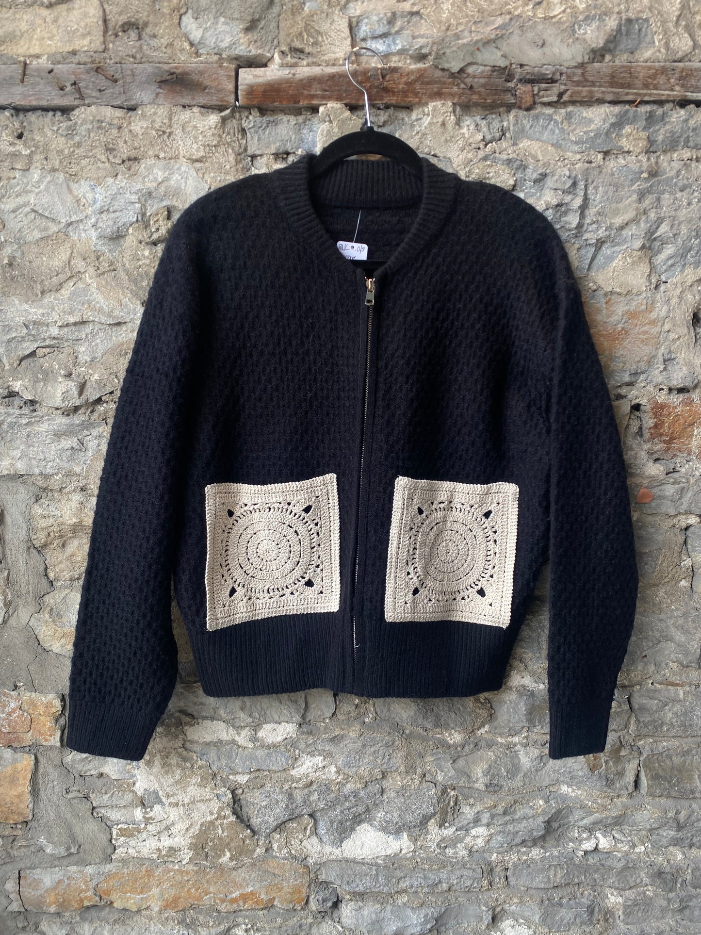 Shaker Knit Zip Up Bomber with Crochet Detail - BLACK