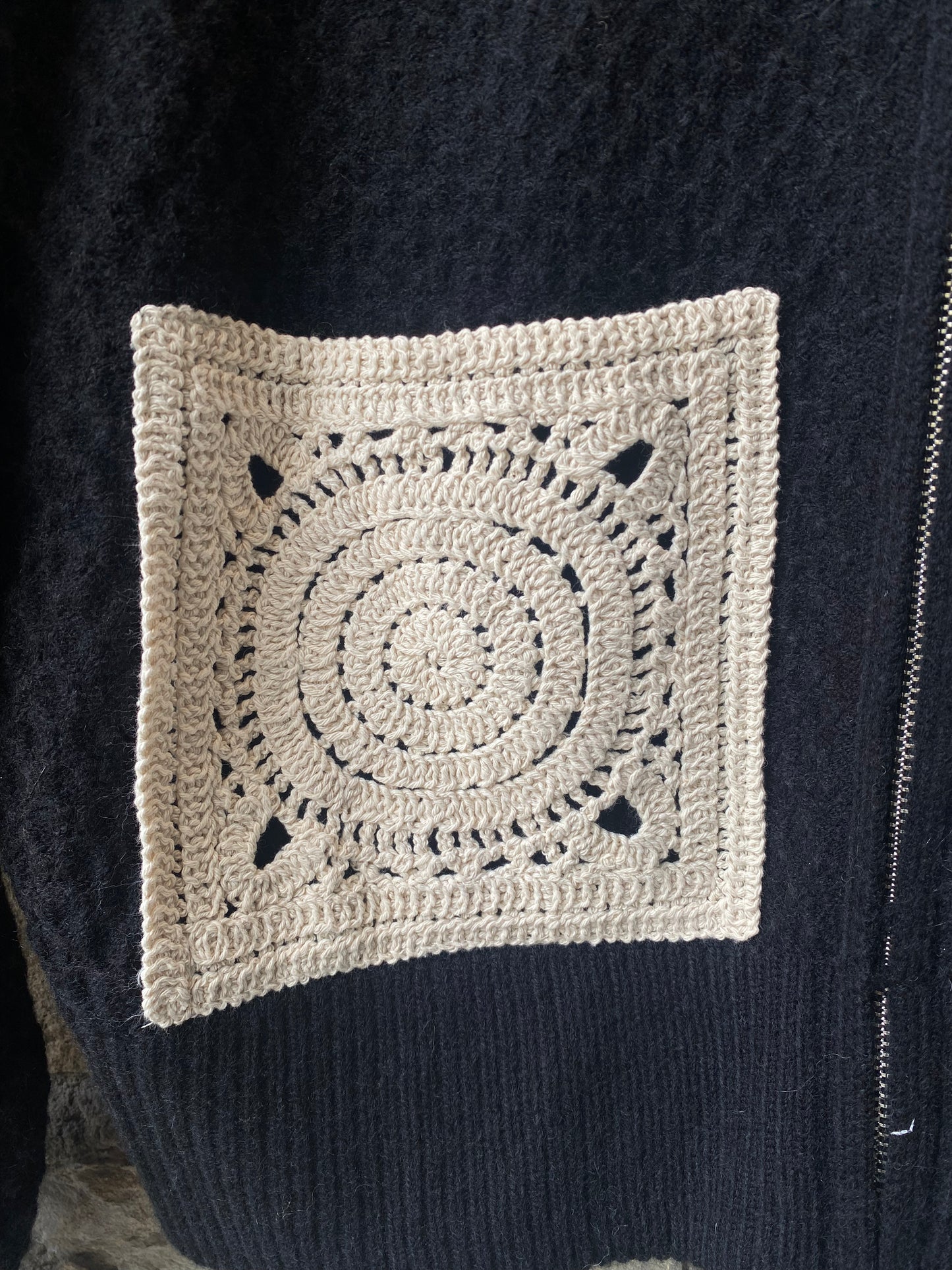 Shaker Knit Zip Up Bomber with Crochet Detail - BLACK