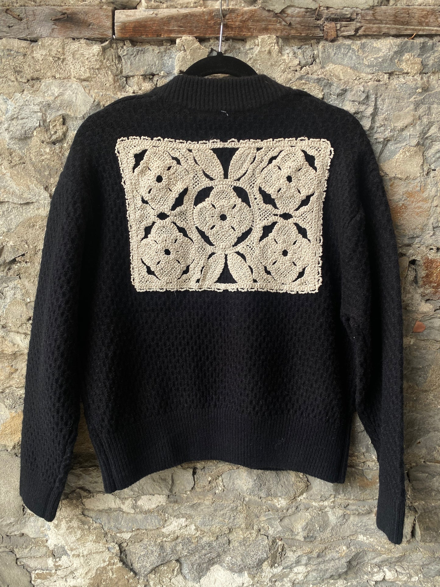 Shaker Knit Zip Up Bomber with Crochet Detail - BLACK