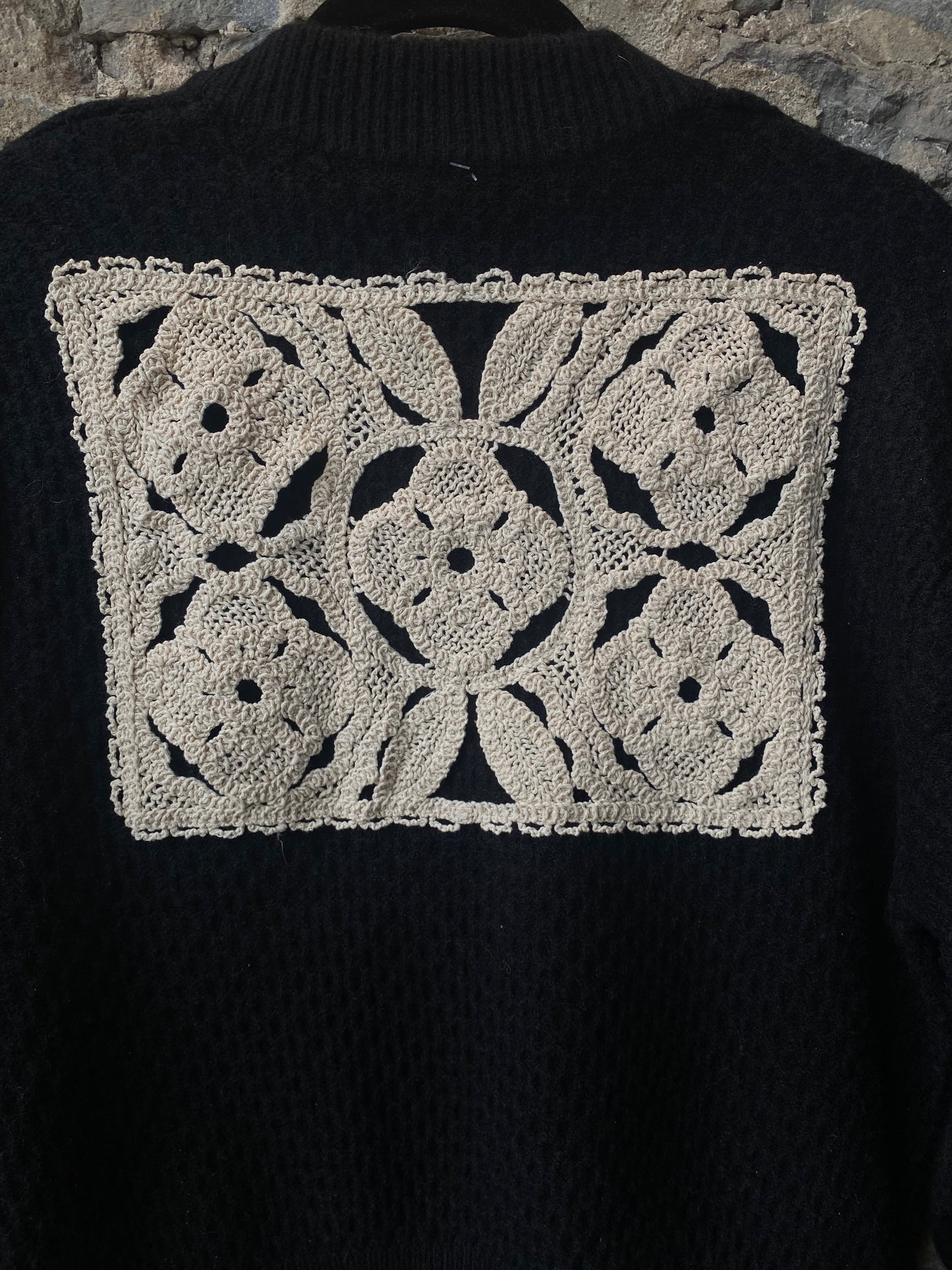 Shaker Knit Zip Up Bomber with Crochet Detail - BLACK
