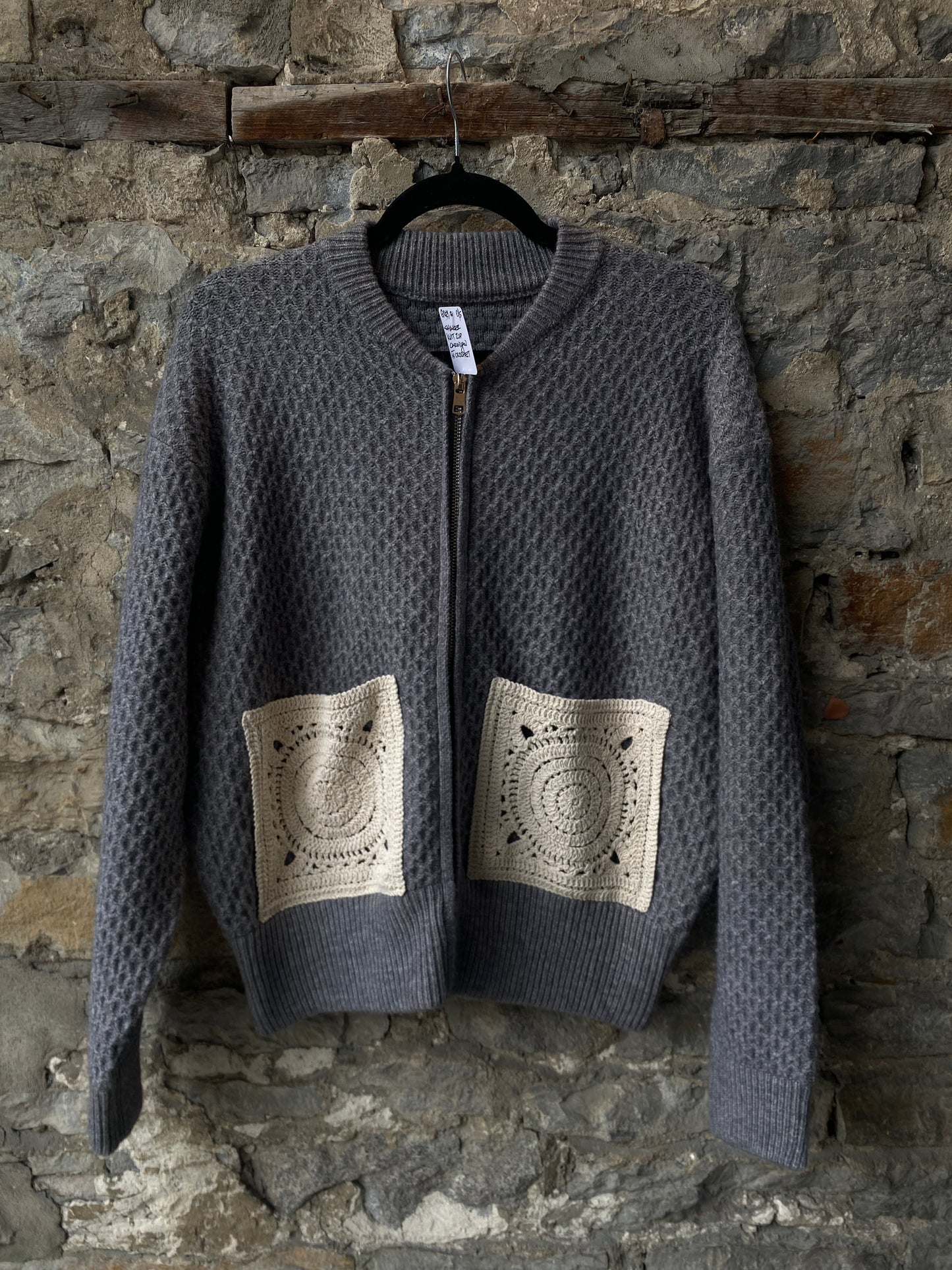 Shaker Knit Zip Up Bomber with Crochet Detail - GREY