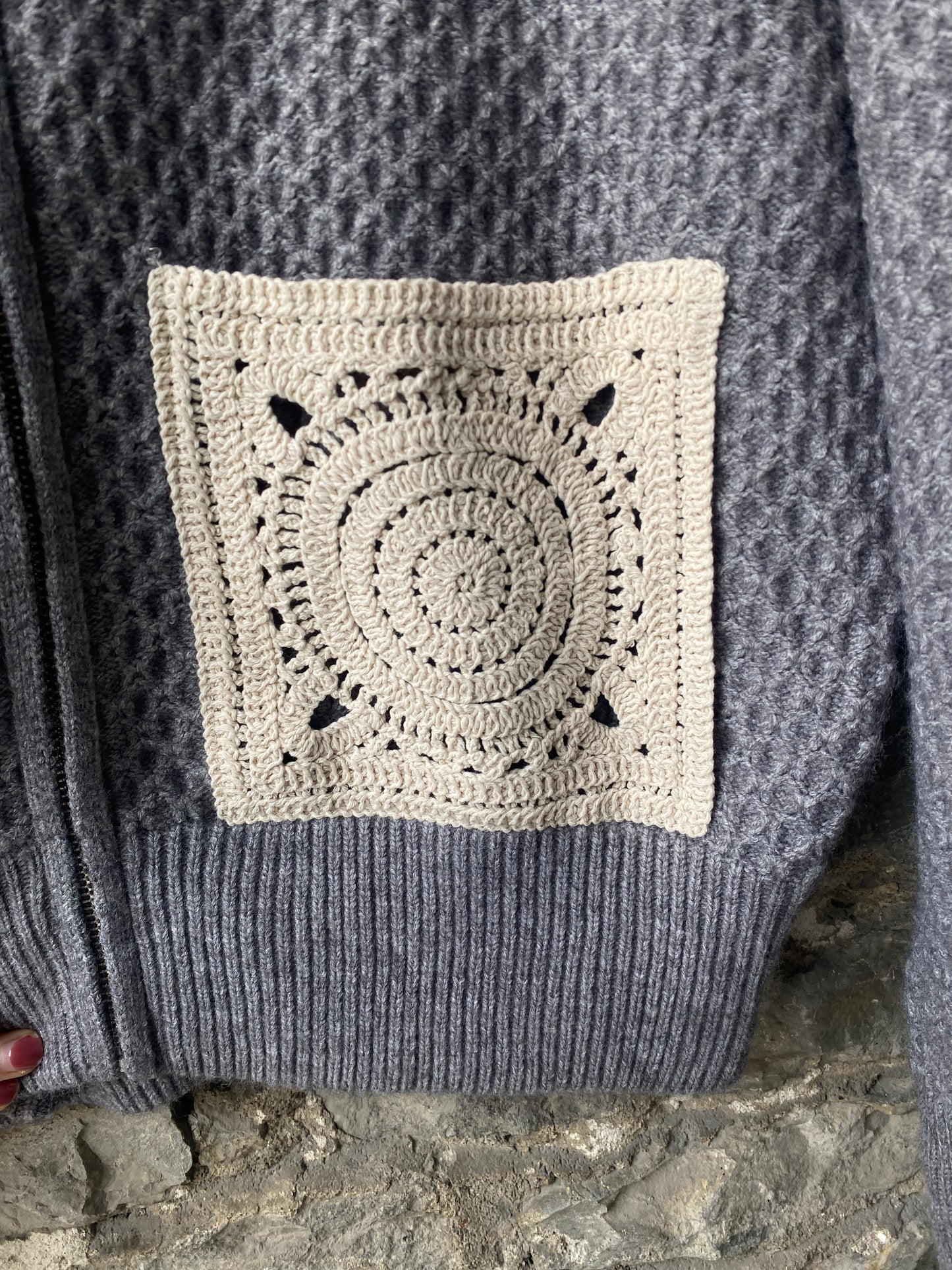 Shaker Knit Zip Up Bomber with Crochet Detail - GREY