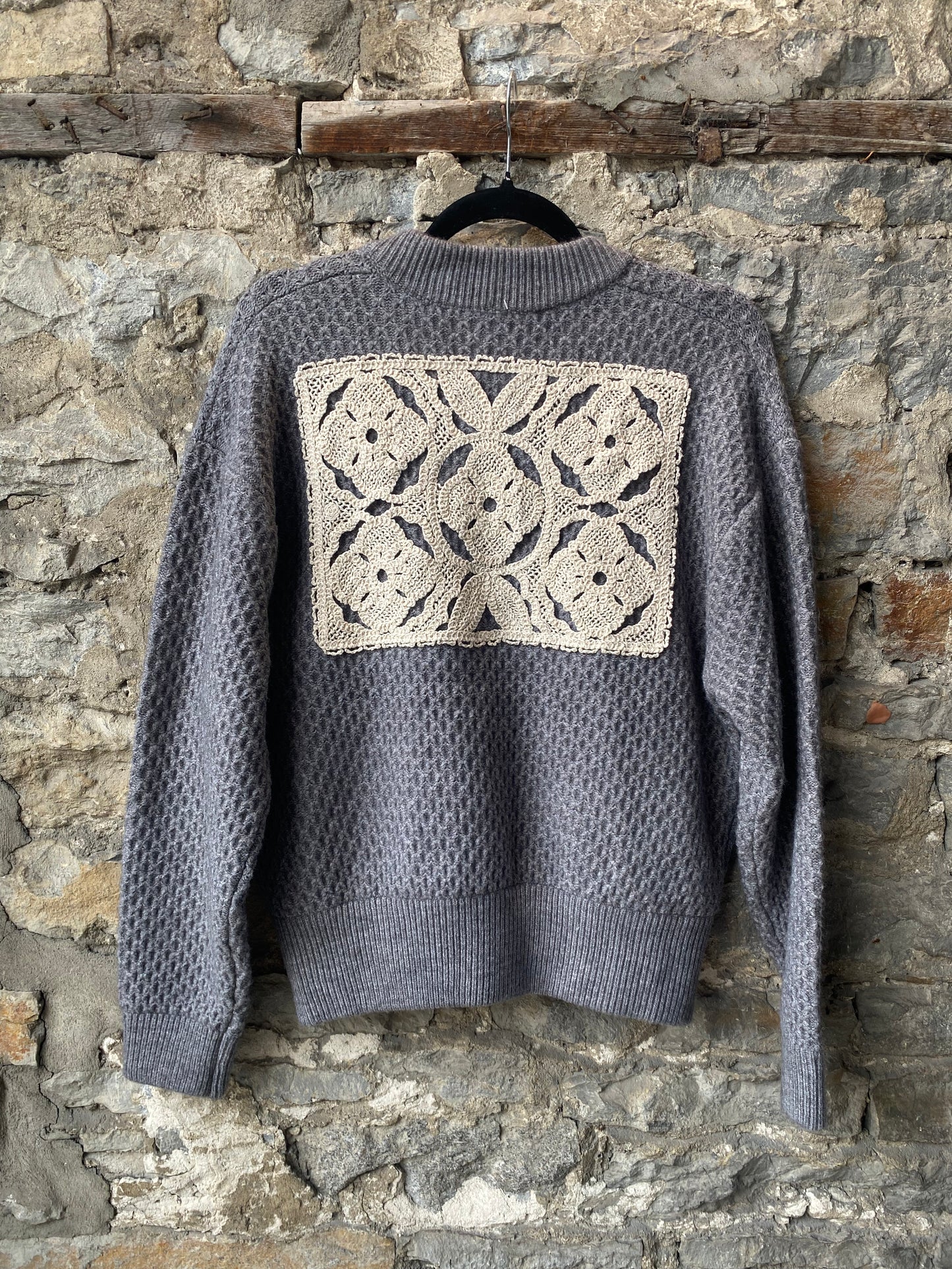 Shaker Knit Zip Up Bomber with Crochet Detail - GREY
