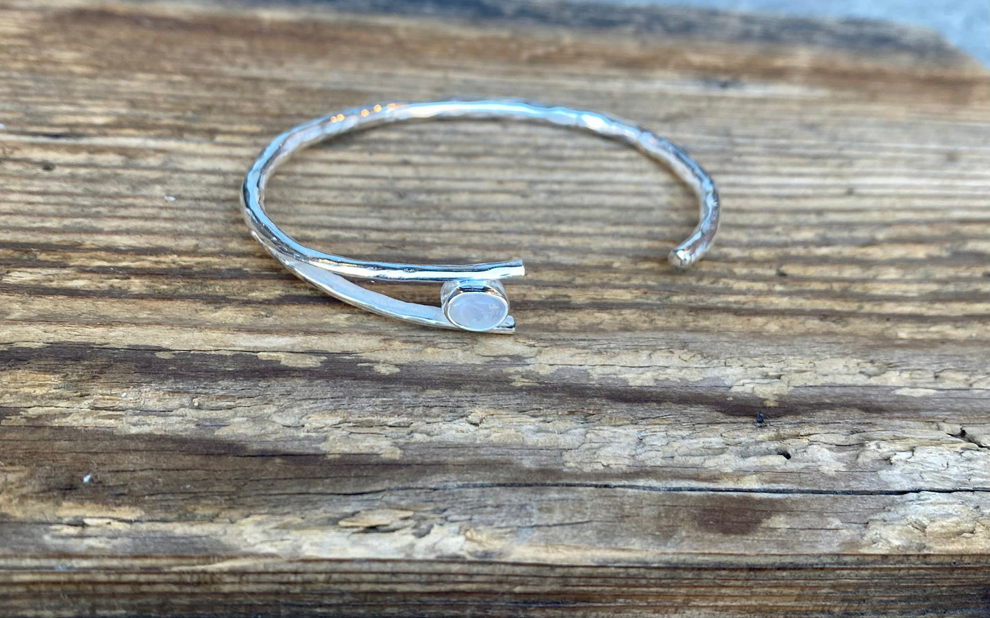 Hammered Cuff Bracelet with Moonstone - SILVER