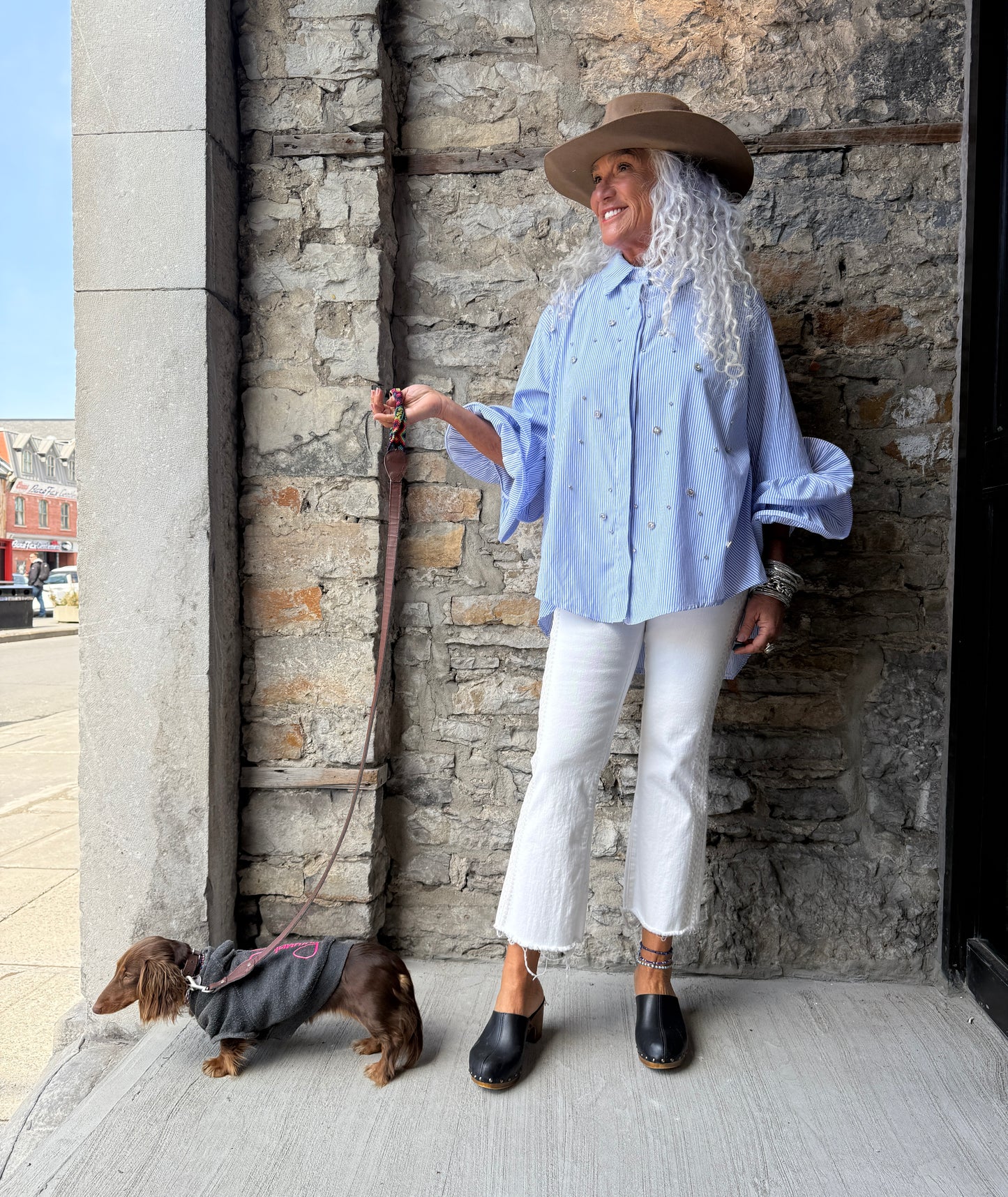 Blue and White Pinstripe Oversized Ruffle Sleeve Shirt with Rhinestones