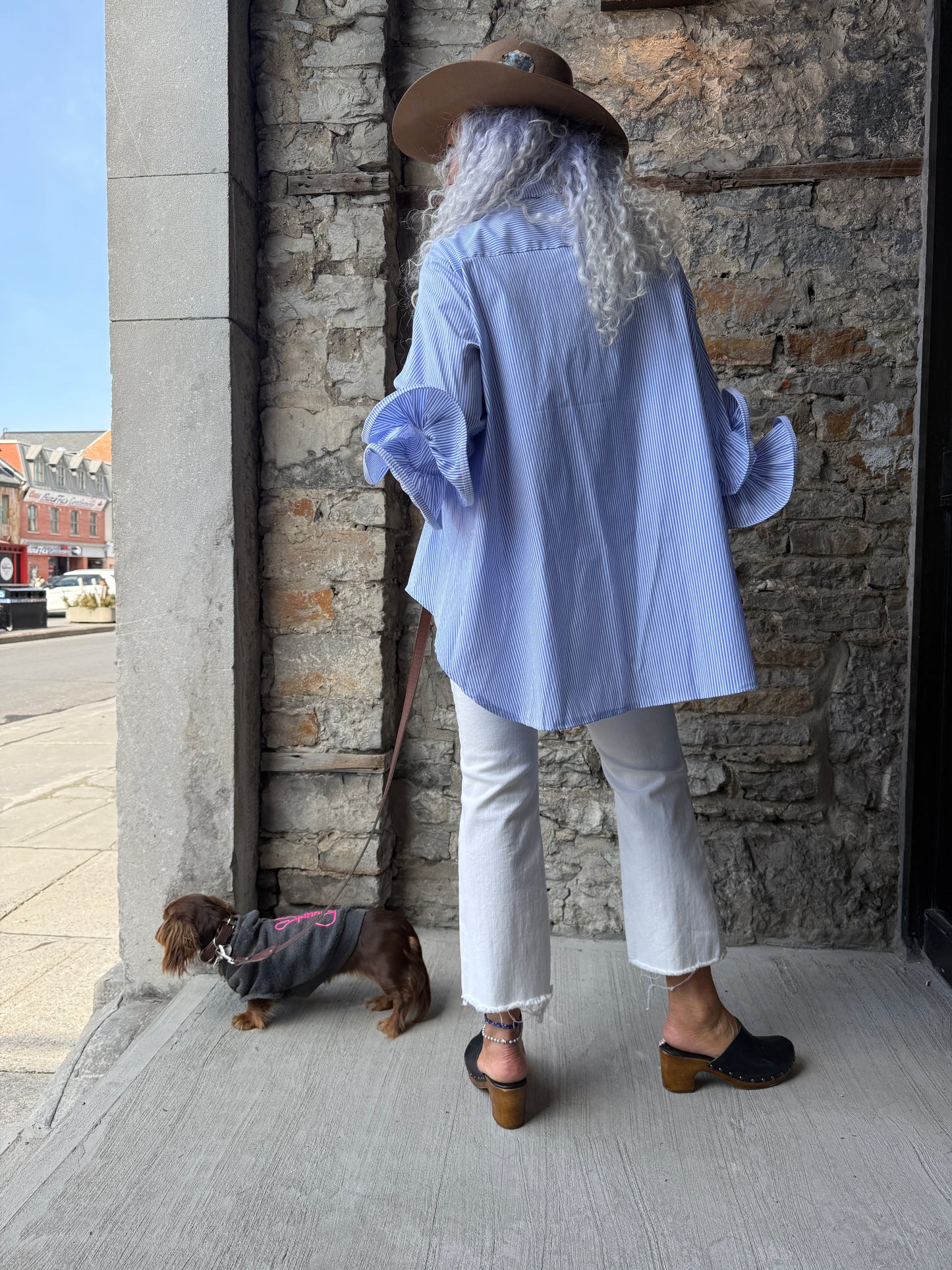 Blue and White Pinstripe Oversized Ruffle Sleeve Shirt with Rhinestones