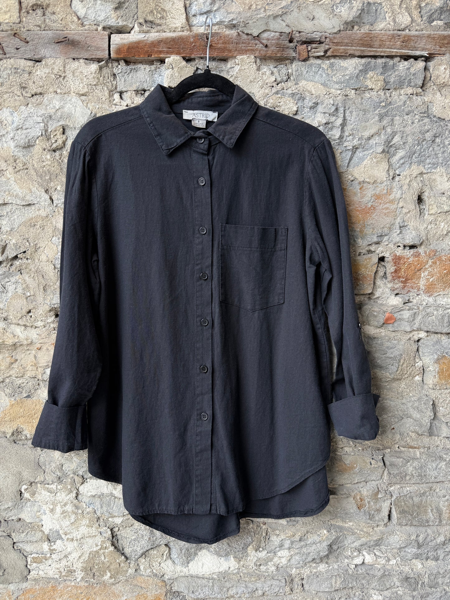 Linen Blend Black Button Front Long Sleeve Shirt with distressed seam - Black