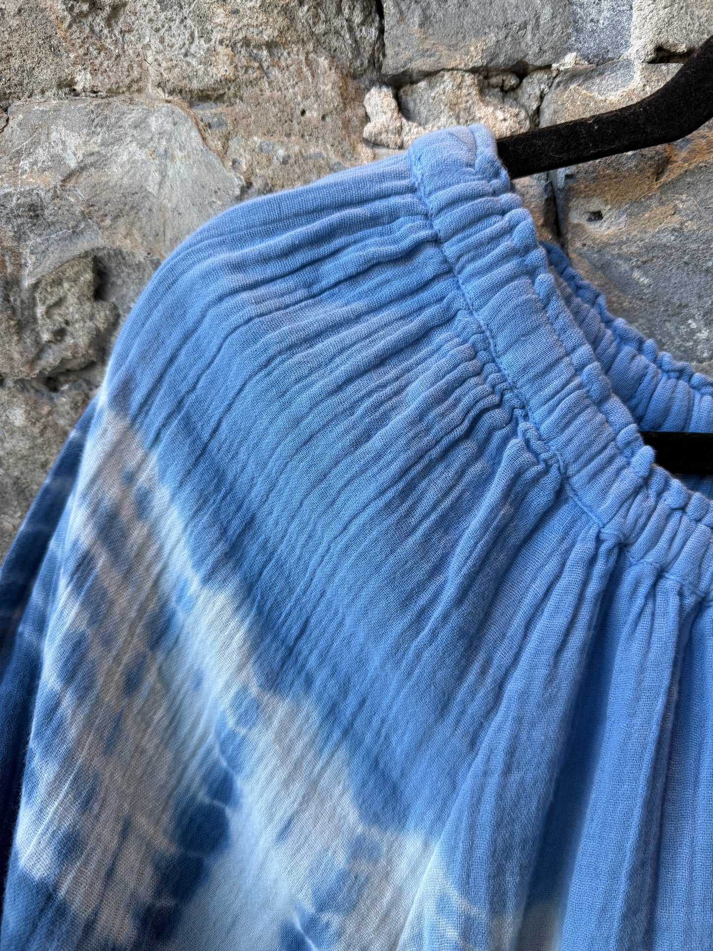 100% Cotton Boho Boat Neck Tie Dye Top- Blue and White