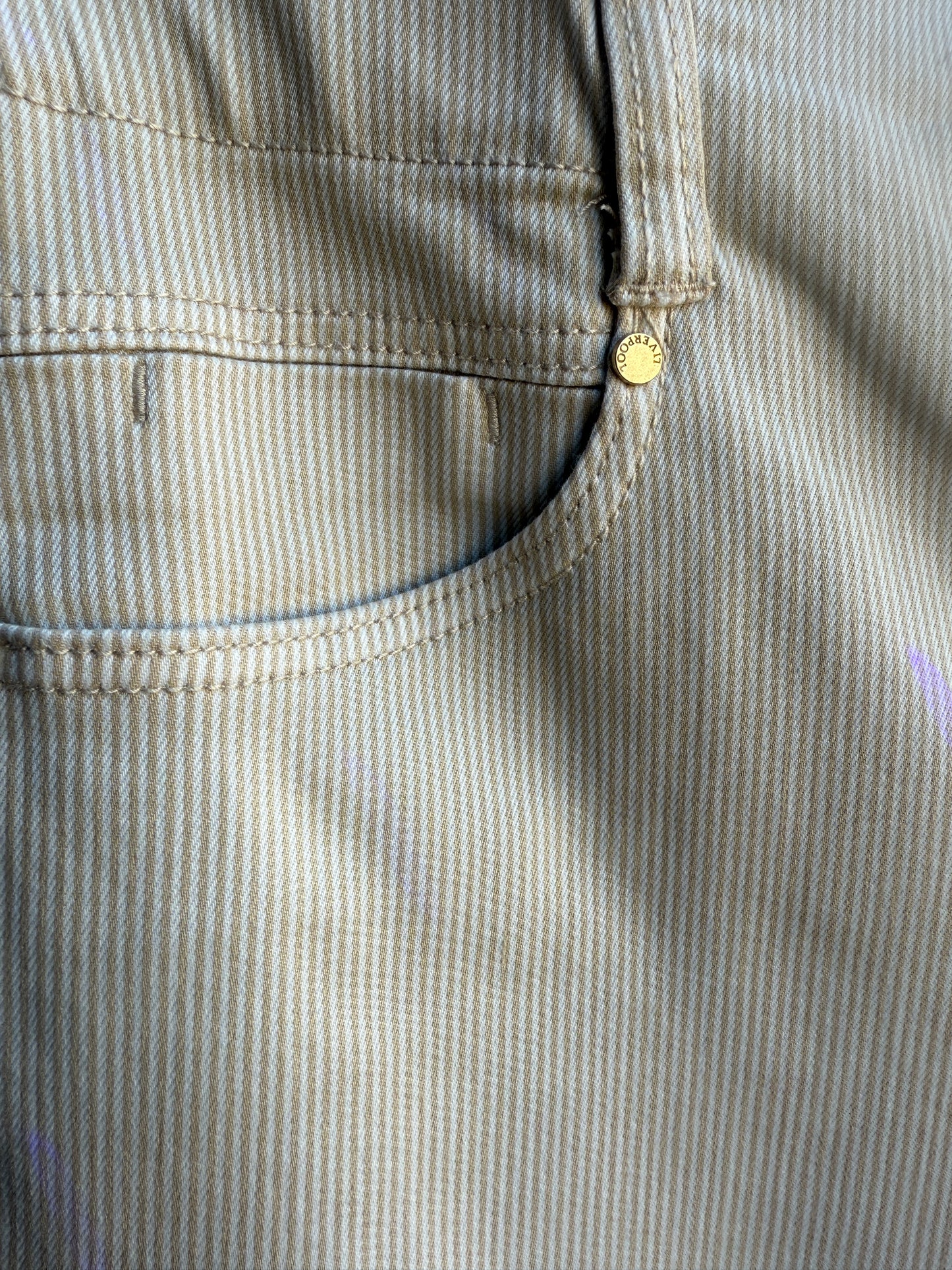 Wide Crop Flare Stretch Pant with with Back Pleat- Beige and White Pinstripe