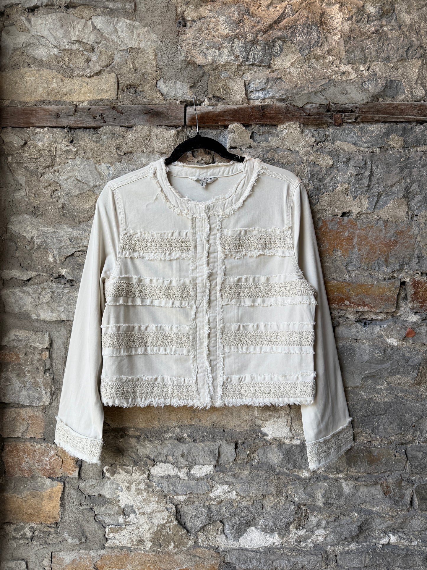 Collarless Stretch Jean Jacket with macrame frayed edges and pockets- Ivory