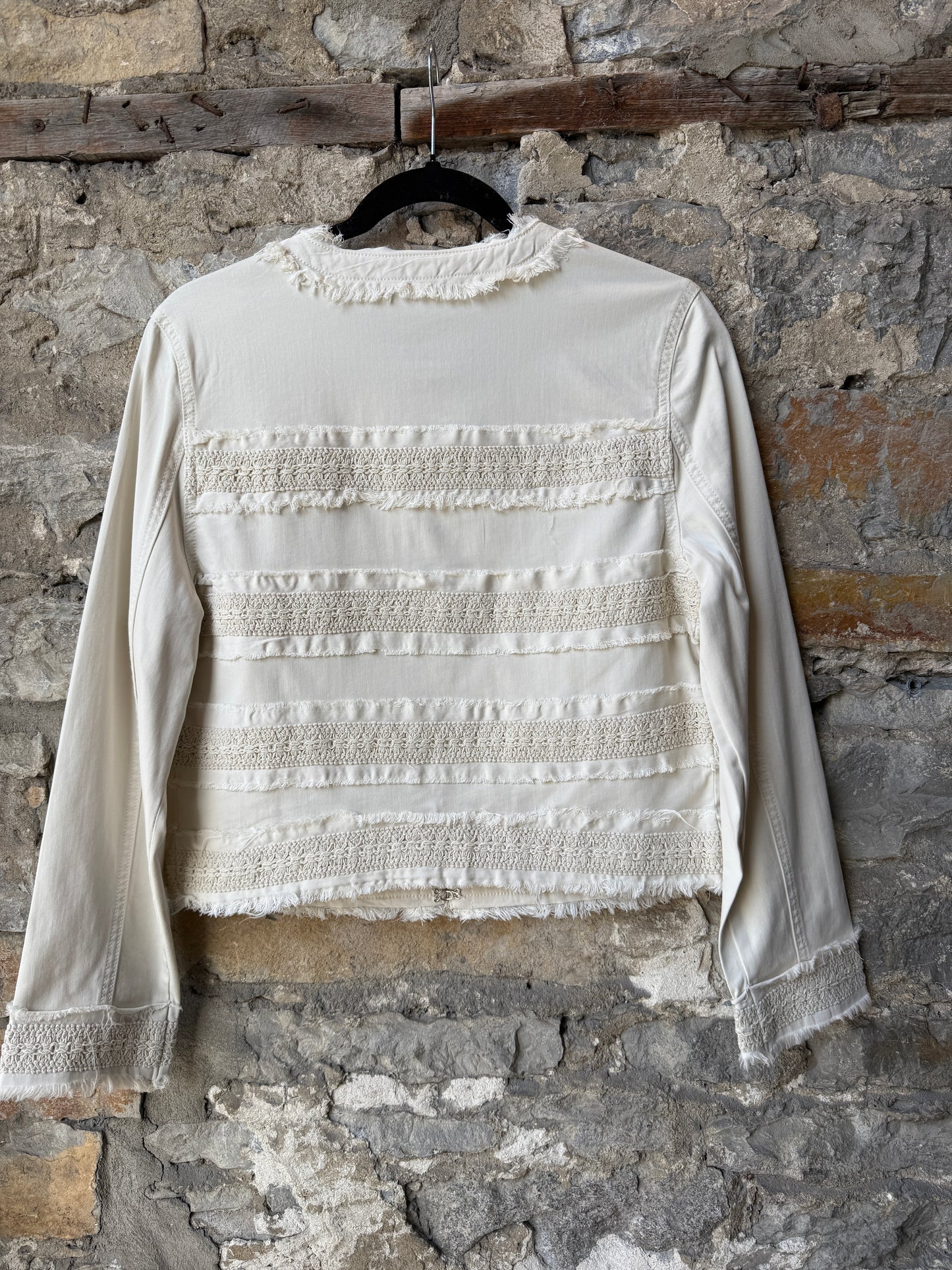 Collarless Stretch Jean Jacket with macrame frayed edges and pockets- Ivory