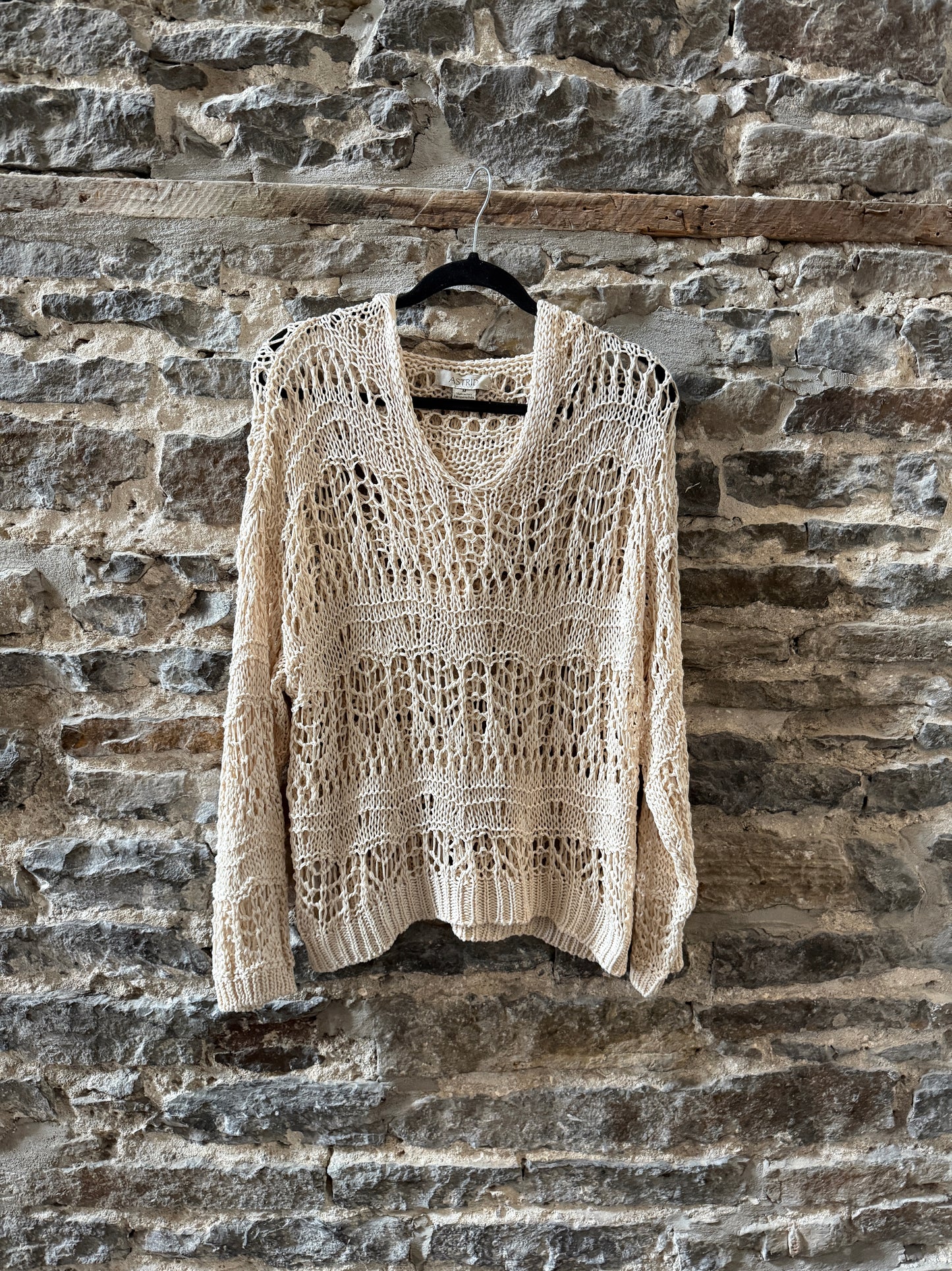 Relaxed Fit Cream Crochet Knit Hoodie Sweater - Cream