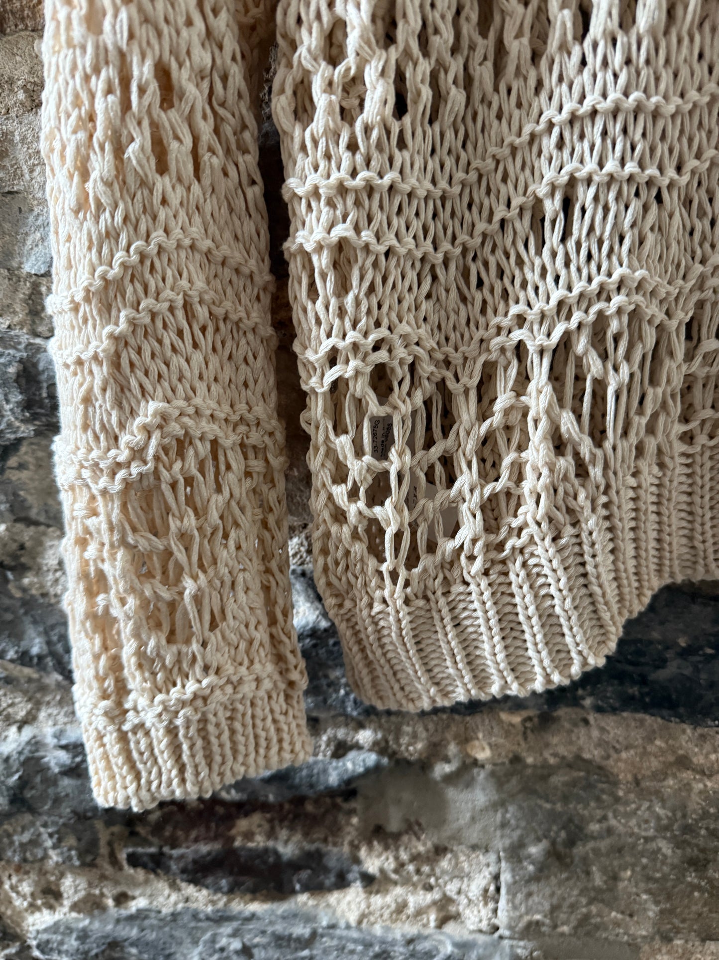 Relaxed Fit Cream Crochet Knit Hoodie Sweater - Cream