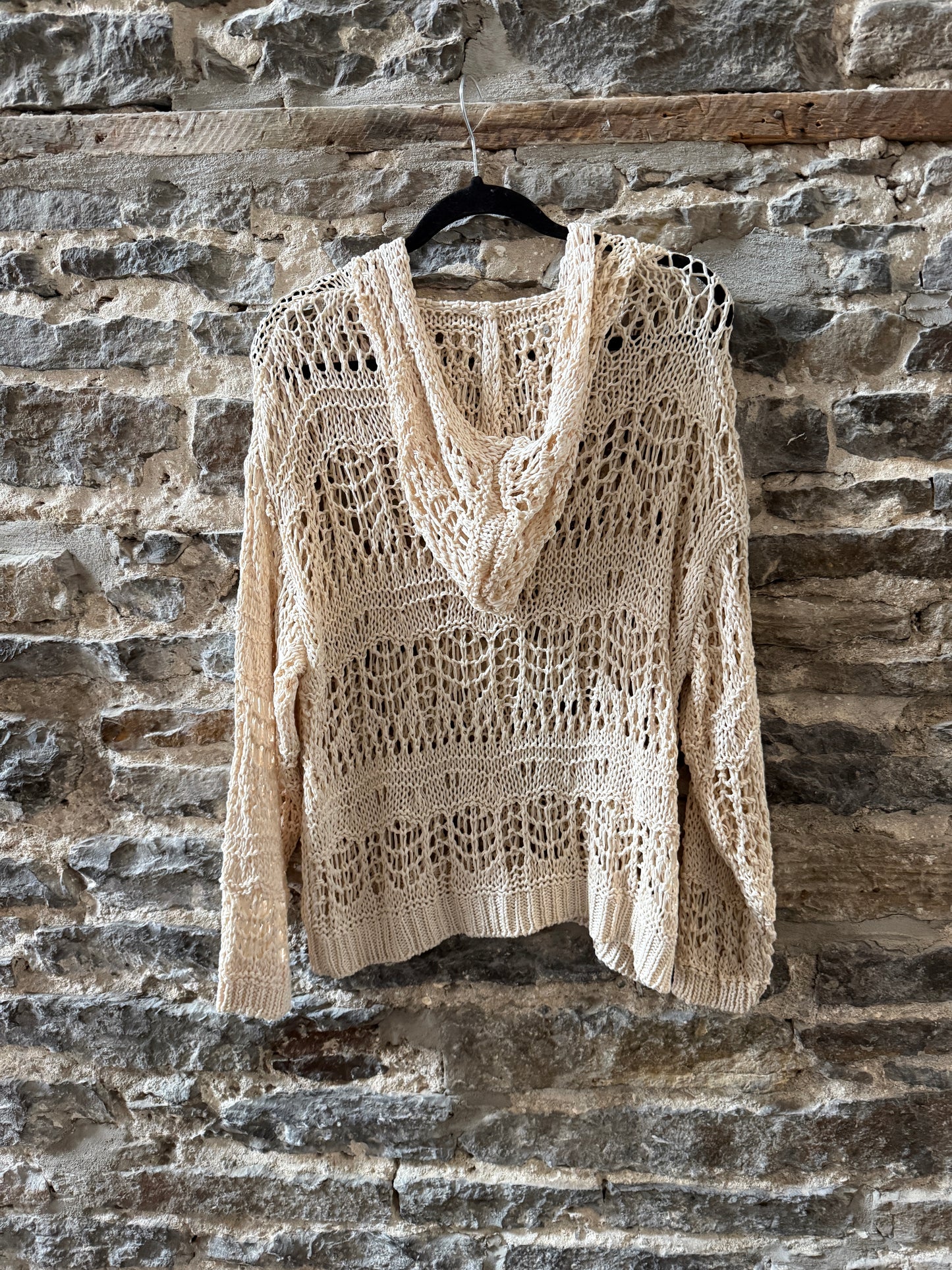 Relaxed Fit Cream Crochet Knit Hoodie Sweater - Cream