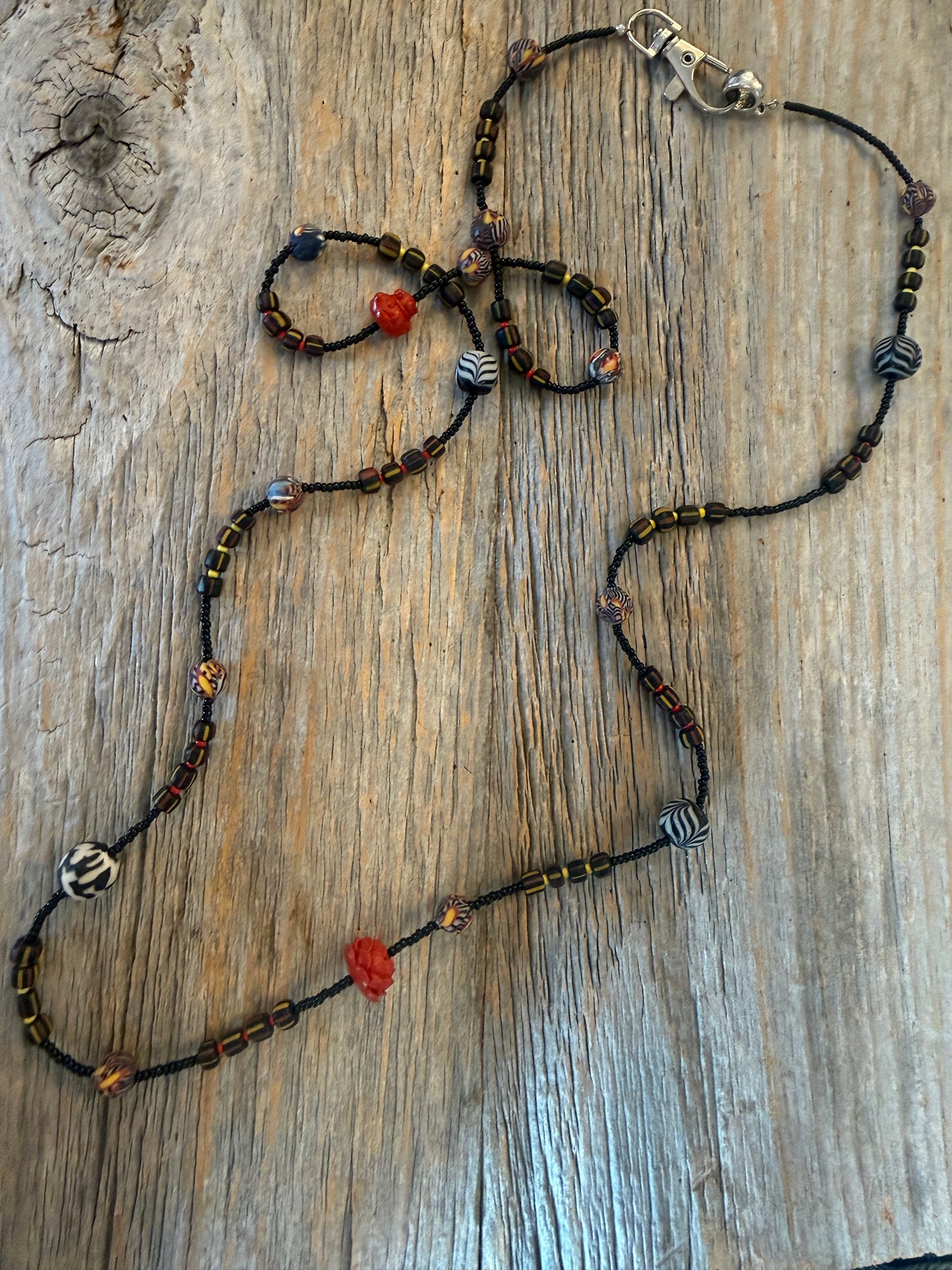 40" Long Necklace - Assorted African Trading Beads, Carved Cinnabar and Glass Beads