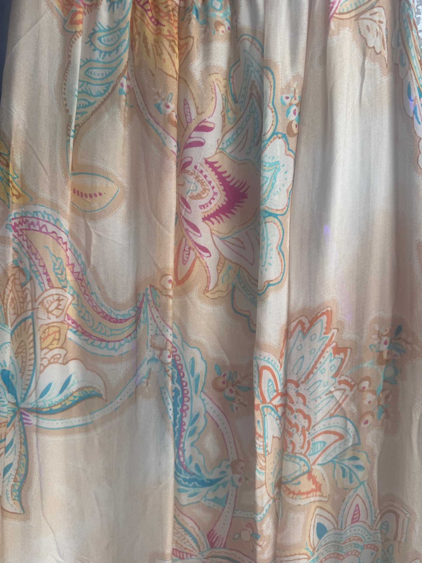 Silk Maxi Dress with Spaghetti Straps- Paisley Print Peach Turquoise Tan Yellow