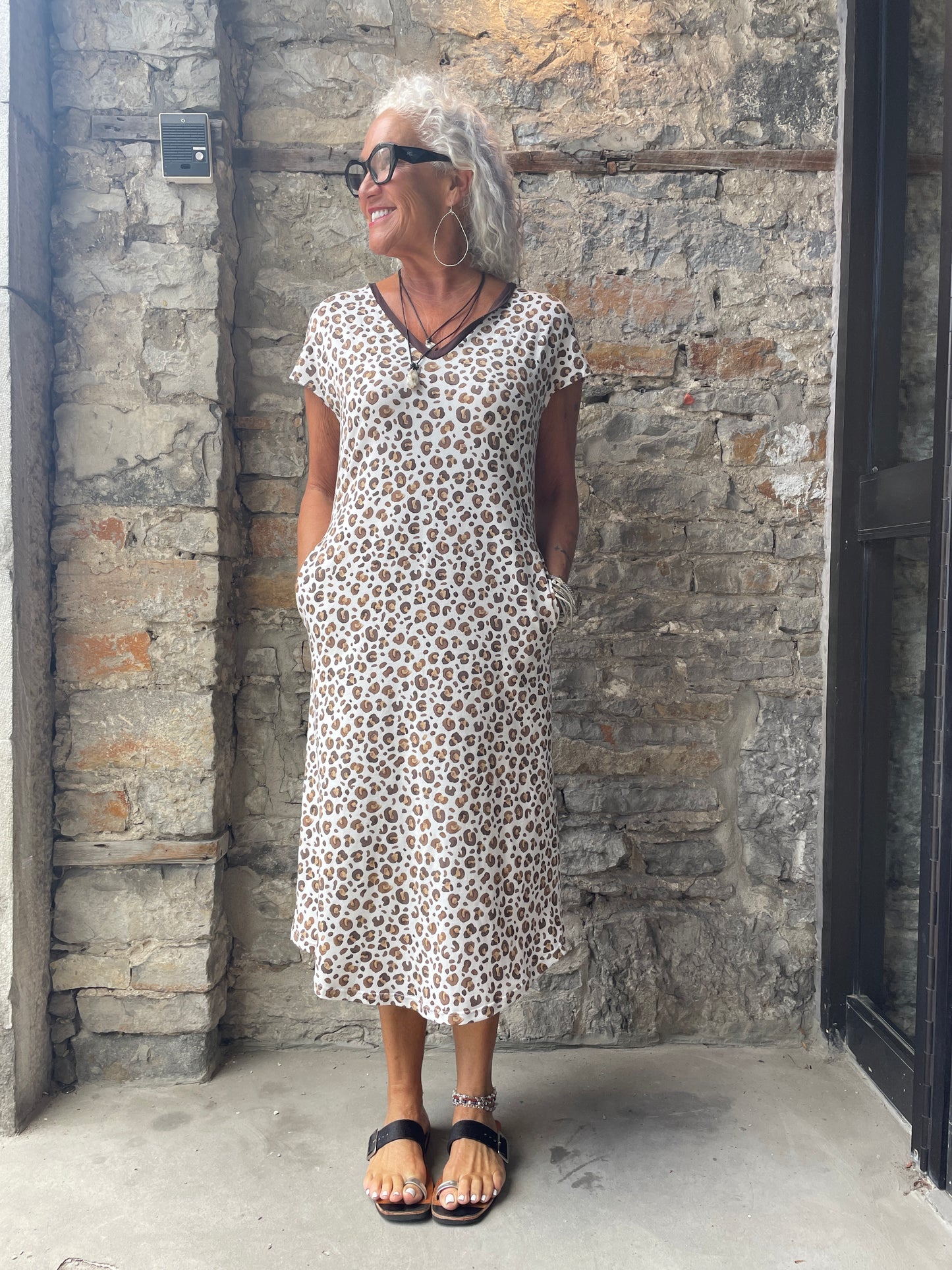 Exclusive Cotton Cheetah Print V Neck Dress with pockets