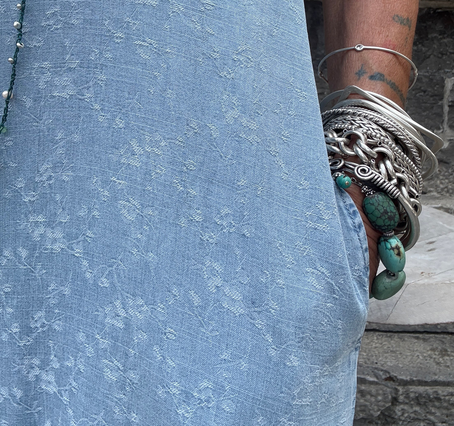 Denim Wide Leg Jumpsuit with Pockets- Light Wash Chambray