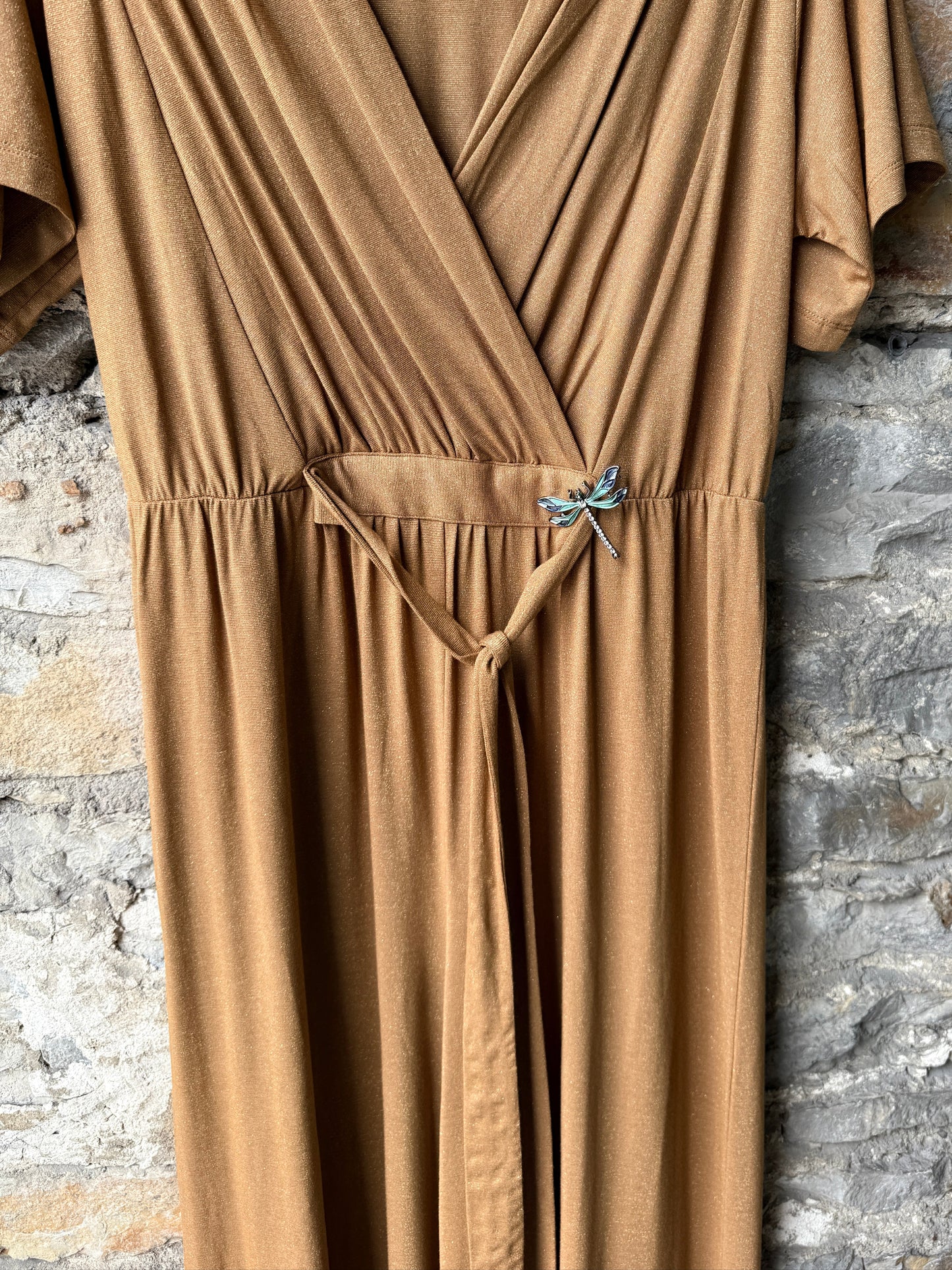 V neck Short Sleeve Wide Leg Jumpsuit- CAMEL with GOLD flecks