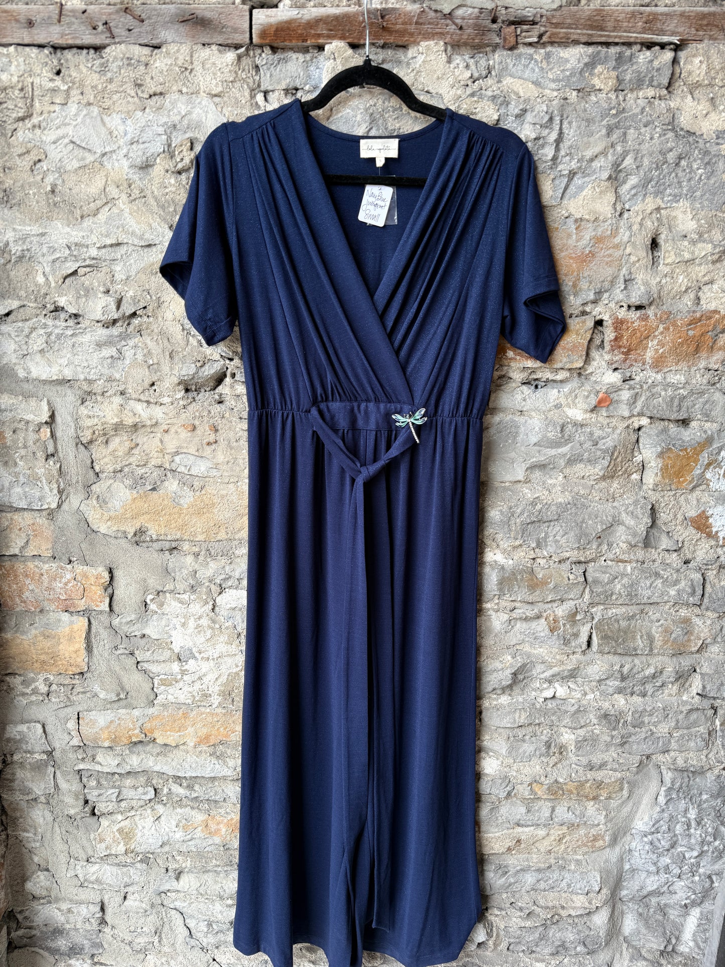 V neck Short Sleeve Wide Leg Jumpsuit- NAVY BLUE