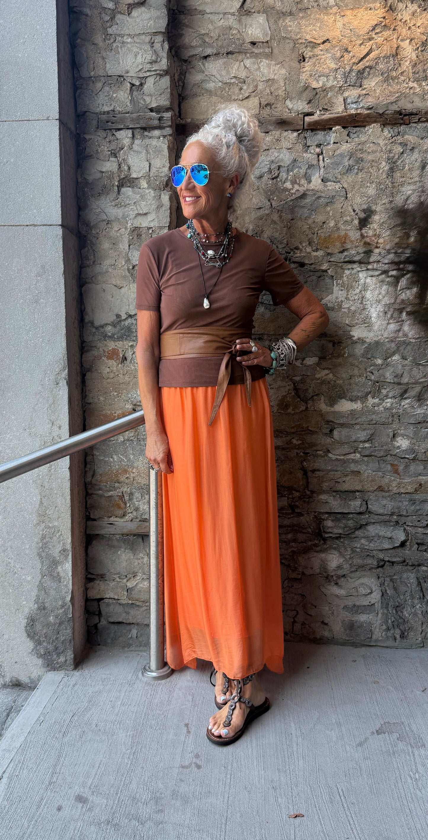 Silk Maxi Skirt with Lining - ORANGE