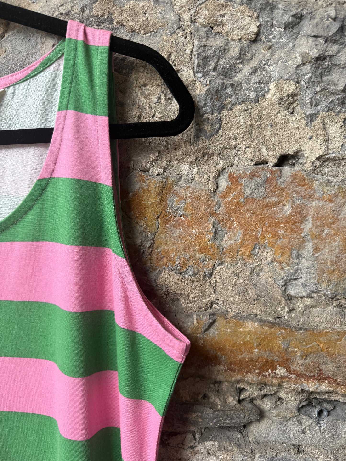 100 % Cotton Maxi Striped Tank A-line Dress - Green & Pink