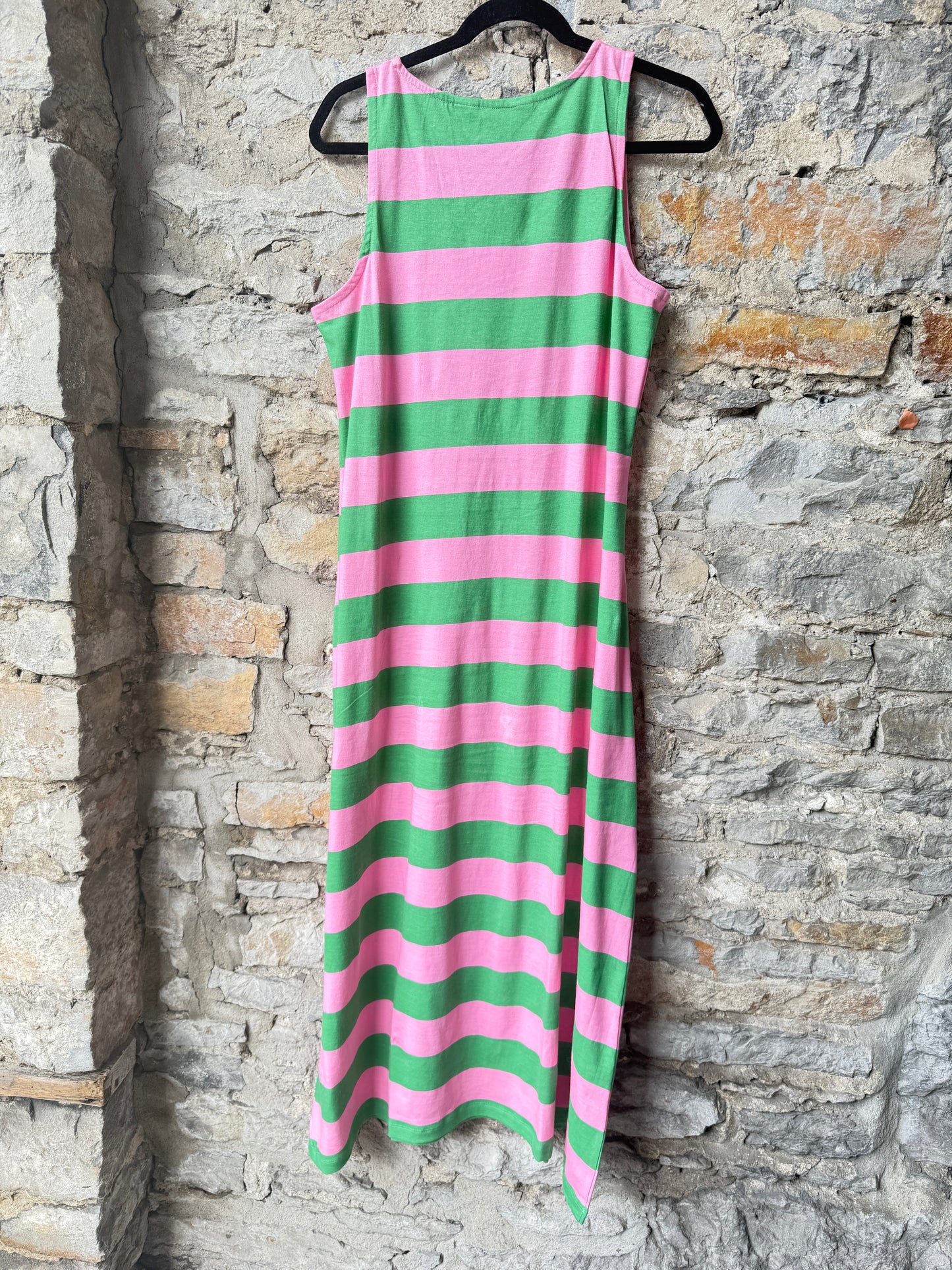 100 % Cotton Maxi Striped Tank A-line Dress - Green & Pink