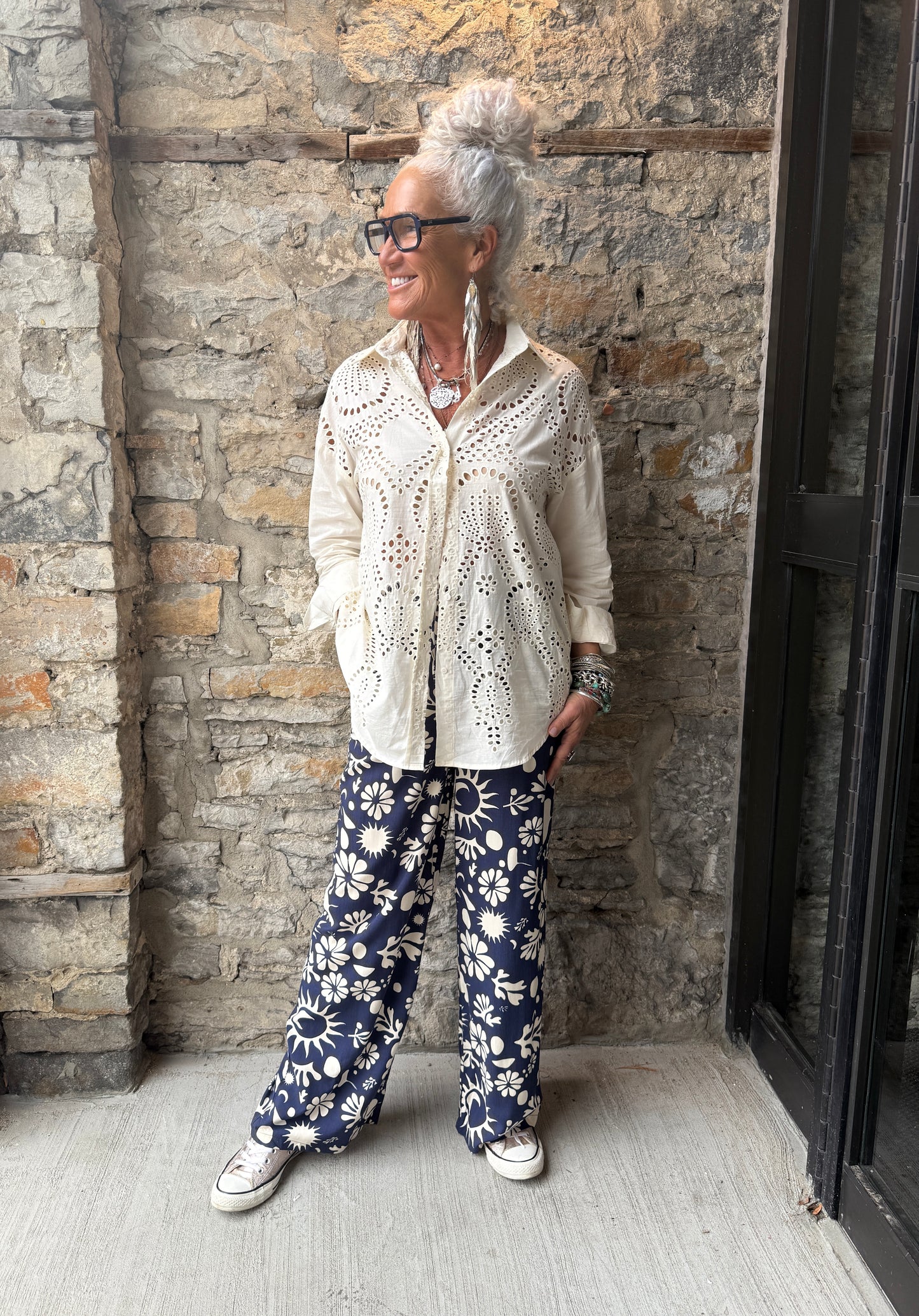 100% Cotton Ivory Eyelet Long Sleeve Shirt