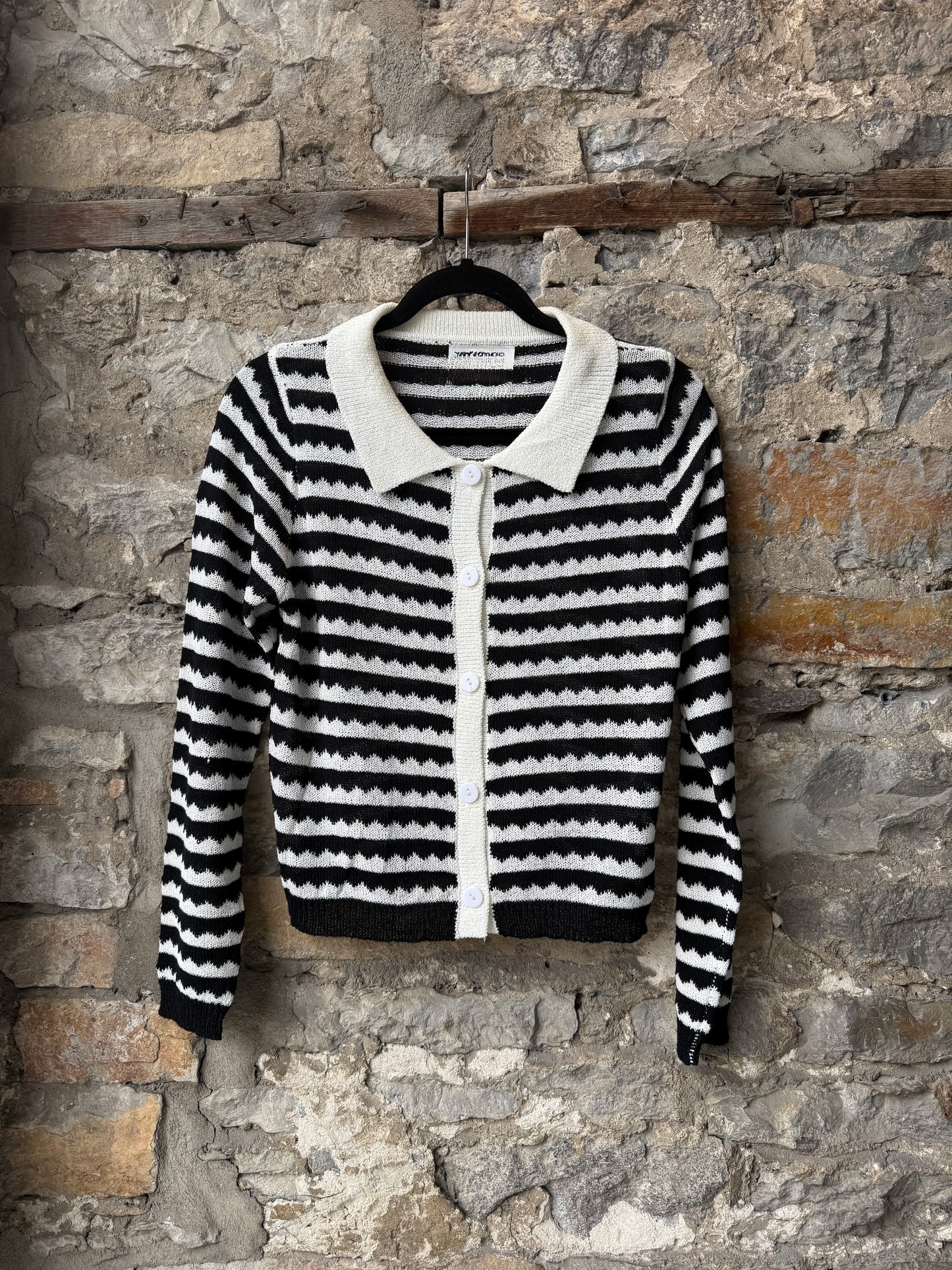 Striped Knit Button Cardigan Sweater - Ivory and Black