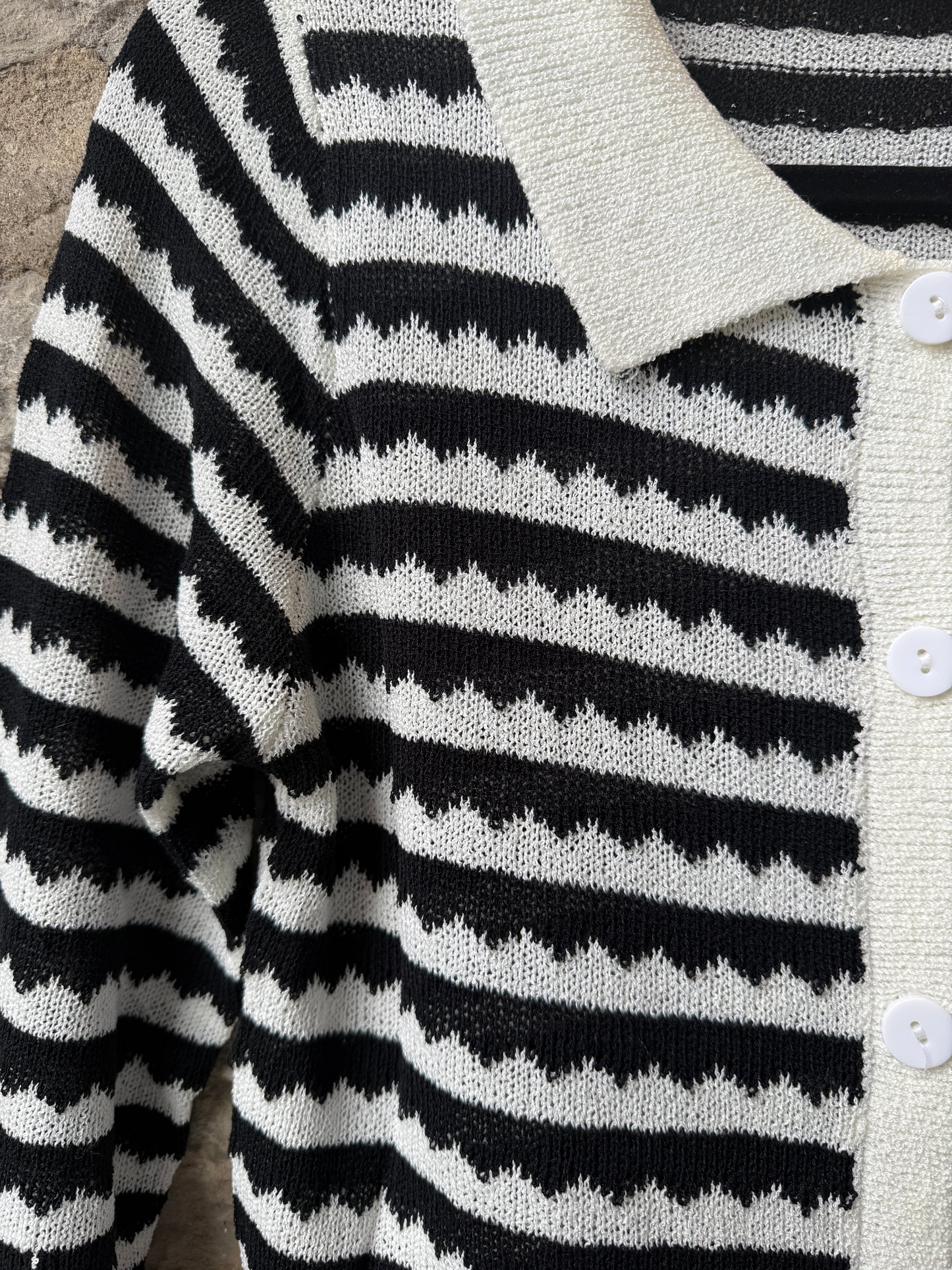 Striped Knit Button Cardigan Sweater - Ivory and Black