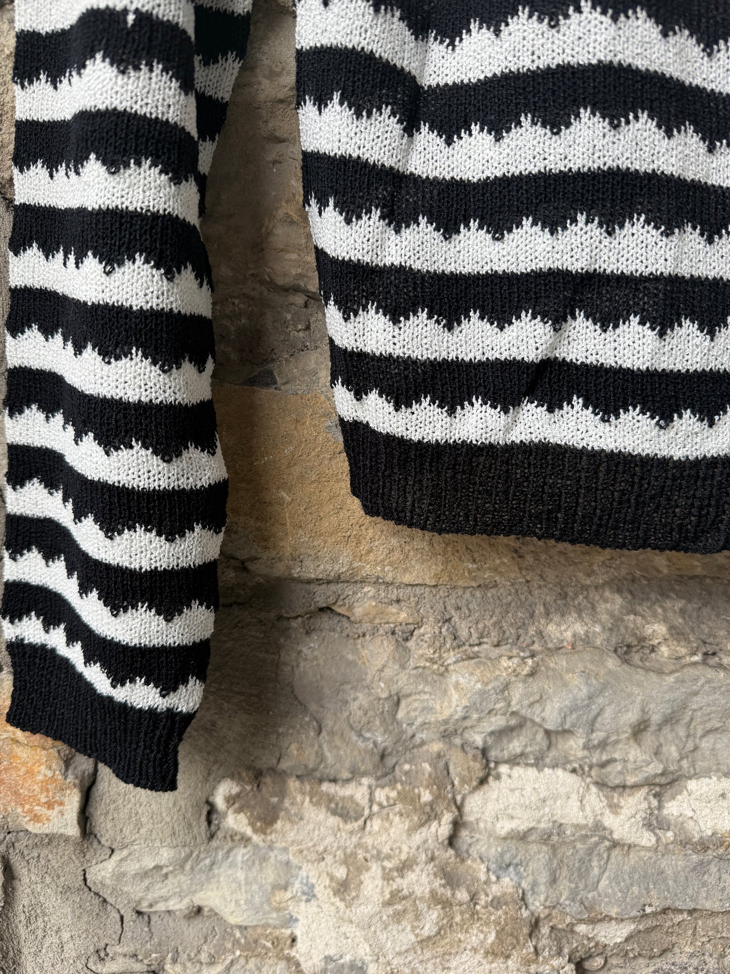 Striped Knit Button Cardigan Sweater - Ivory and Black