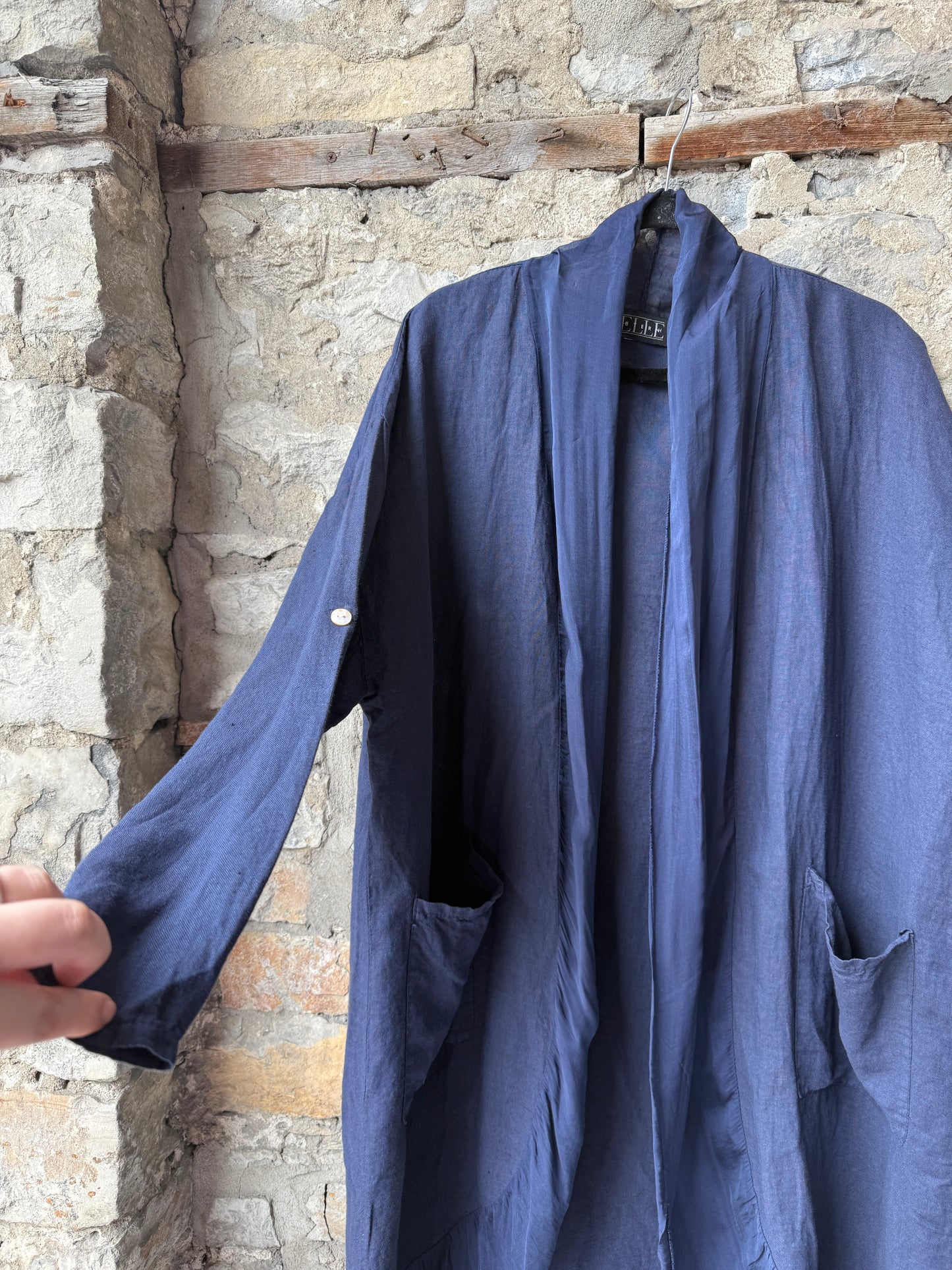 Linen Relaxed Fit Shawl Collar Cardigan - Navy