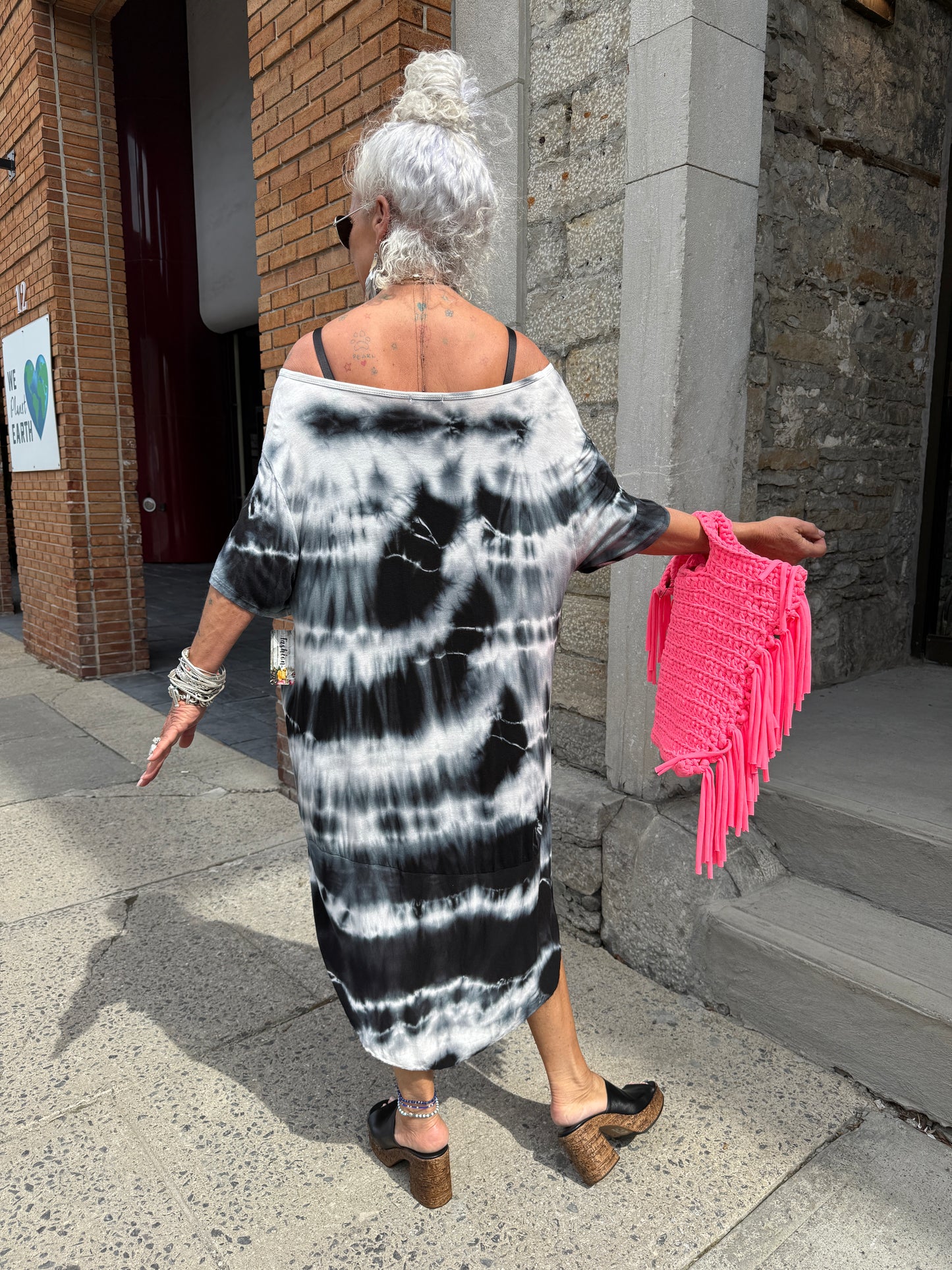 One Size Relaxed Fit Tie Dye Dress with pocket- Black and White