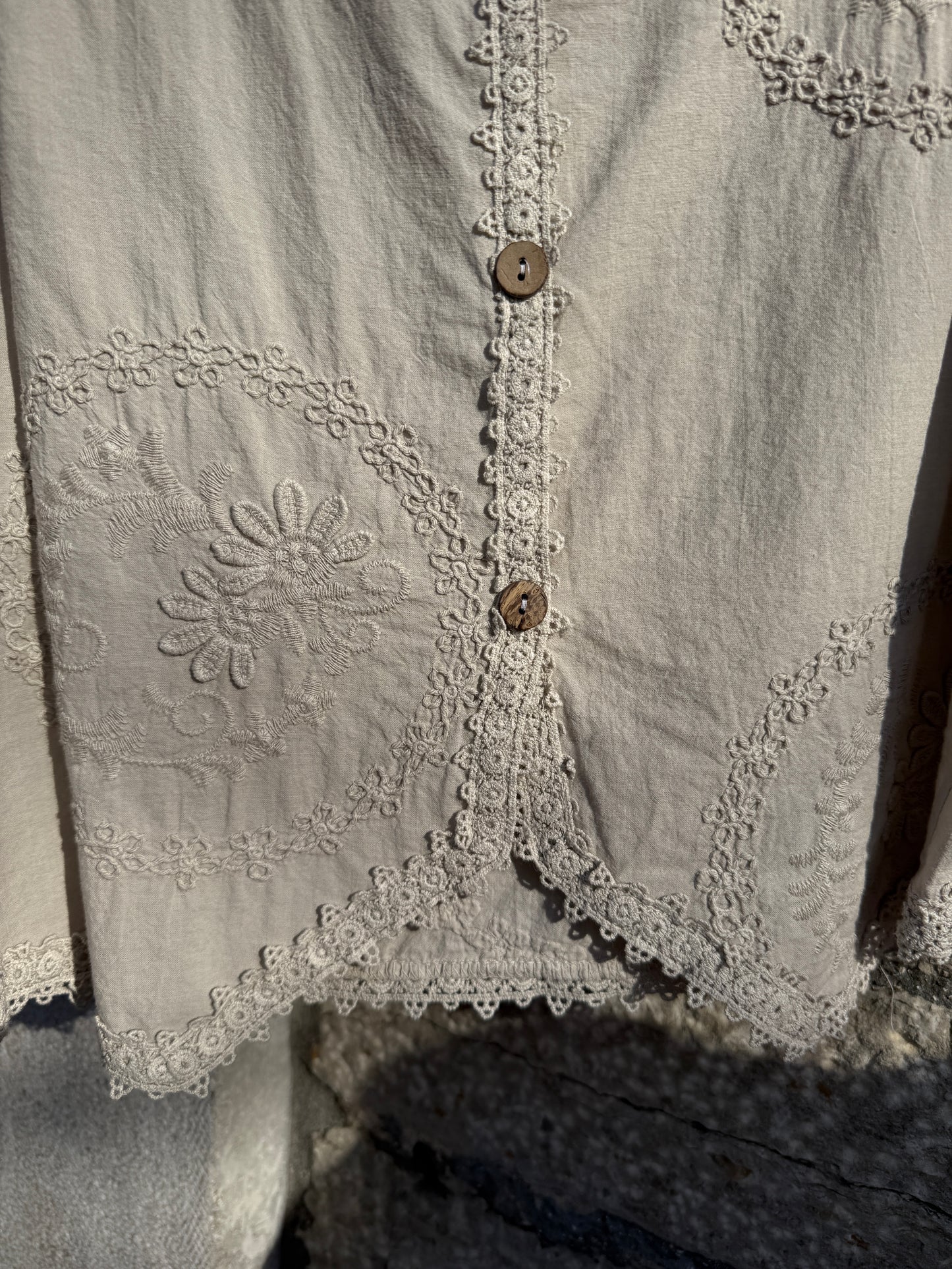 100% Cotton Relaxed Fit Button Front Vest with Embroidery- Sand