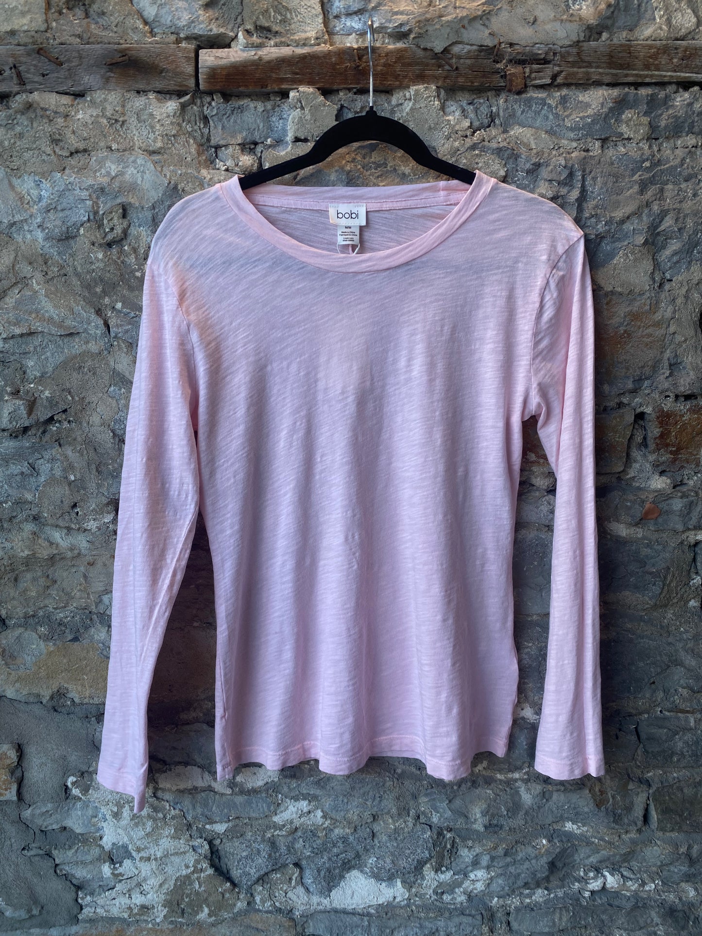 100% Slub Cotton Crewneck Long Sleeve Top- Baby Pink