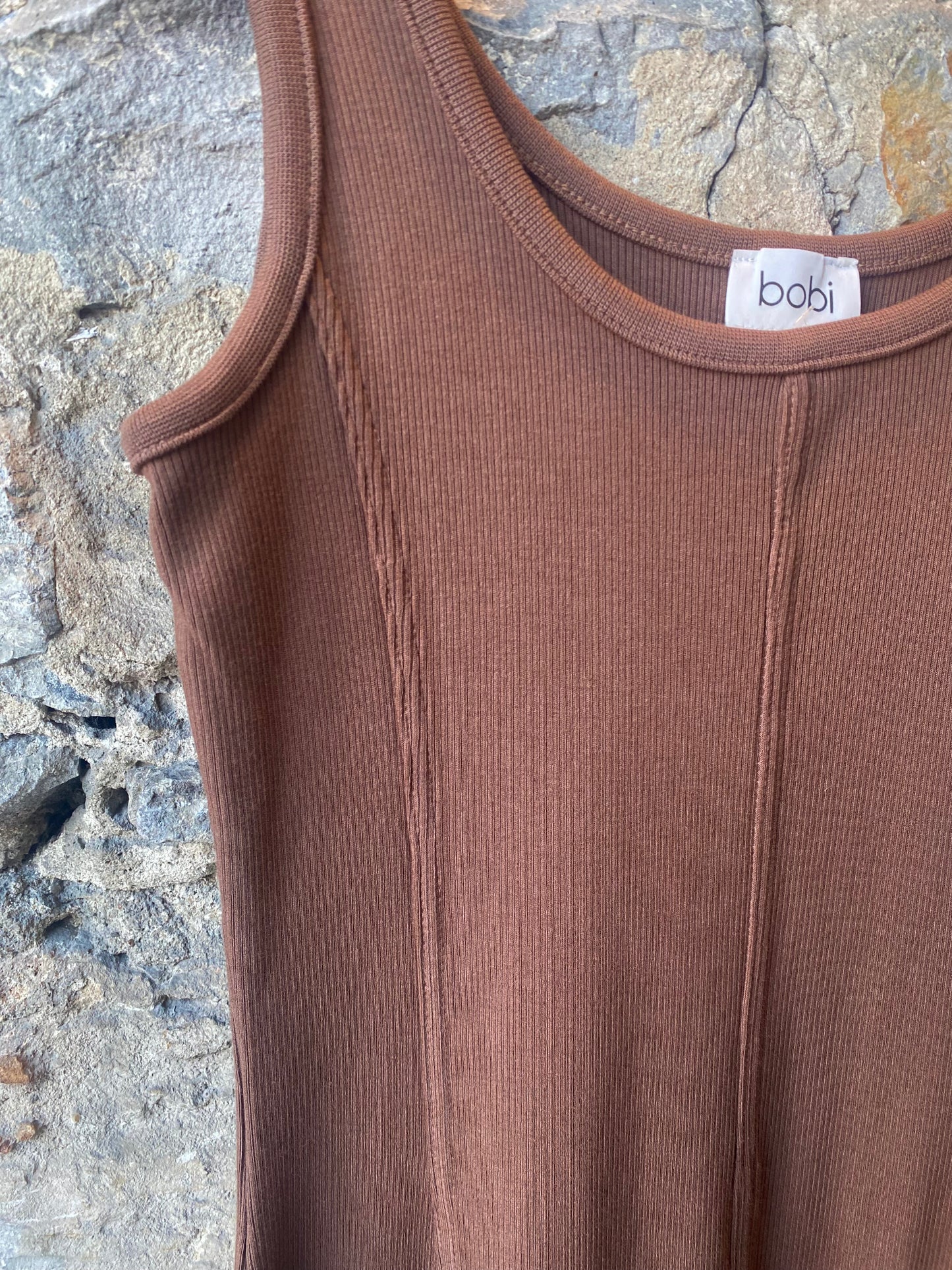 Ribbed Cotton Long Tank Dress - BROWN